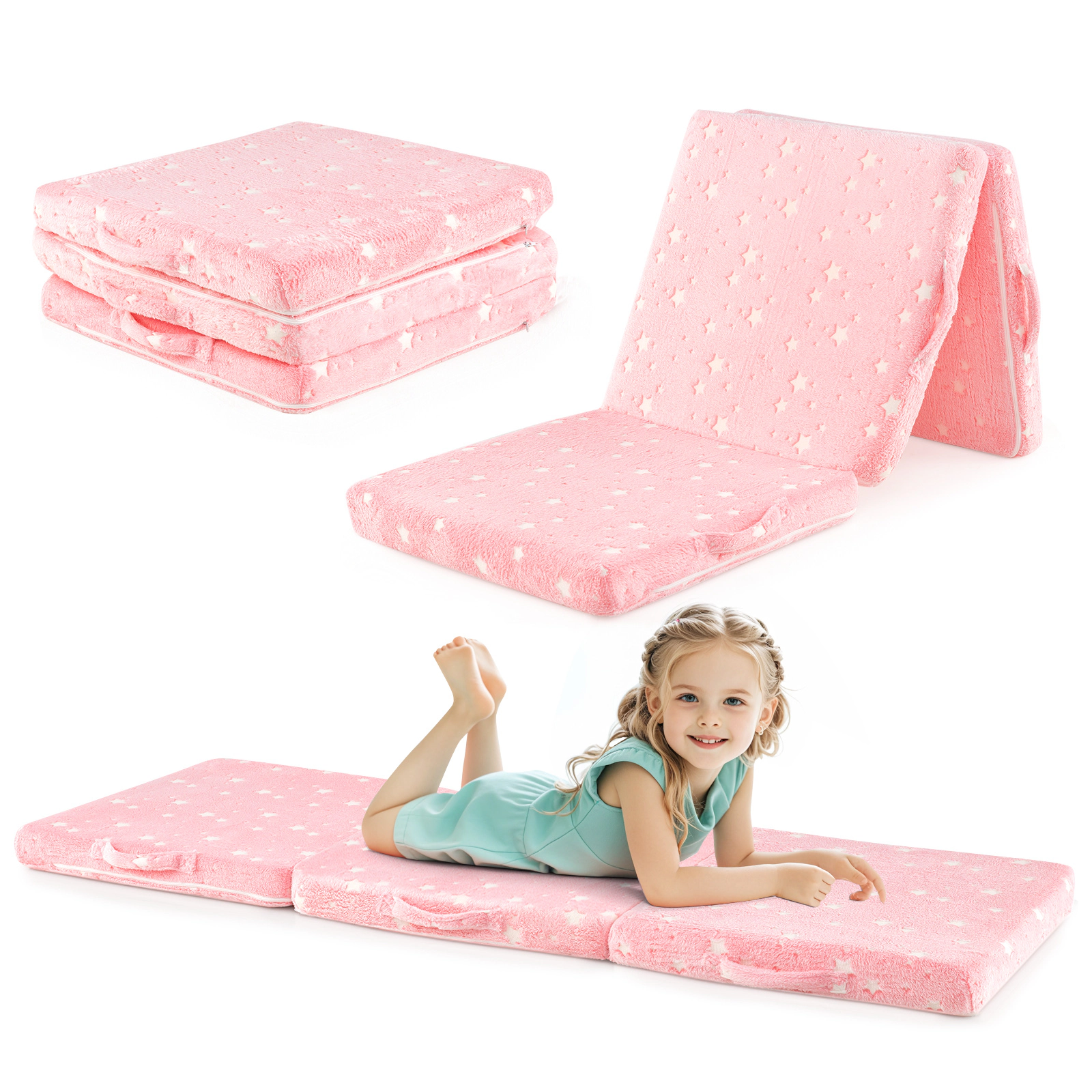 SUGIFT Tri-Folding Kids Floor Seat Cushion Mattress with Washable Flannel Cover 60.5-in Long Pink Glow-in-the-Dark