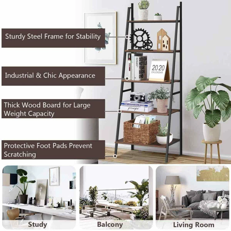 Hivvago 5 Tier Leaning Bookshelf Wood Metal Bookcase