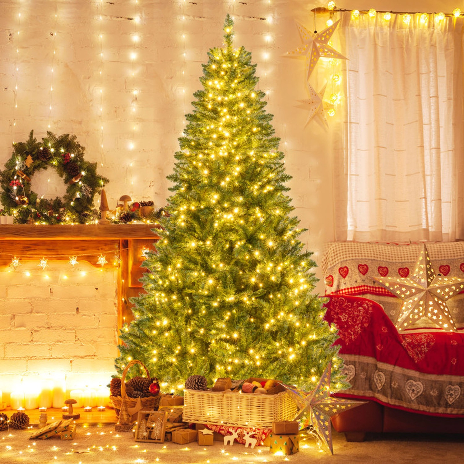 SUGIFT 7-ft Green Pre-Lit Artificial Christmas Tree with 1000 Warm White LEDs 990 Tips and Memory Function