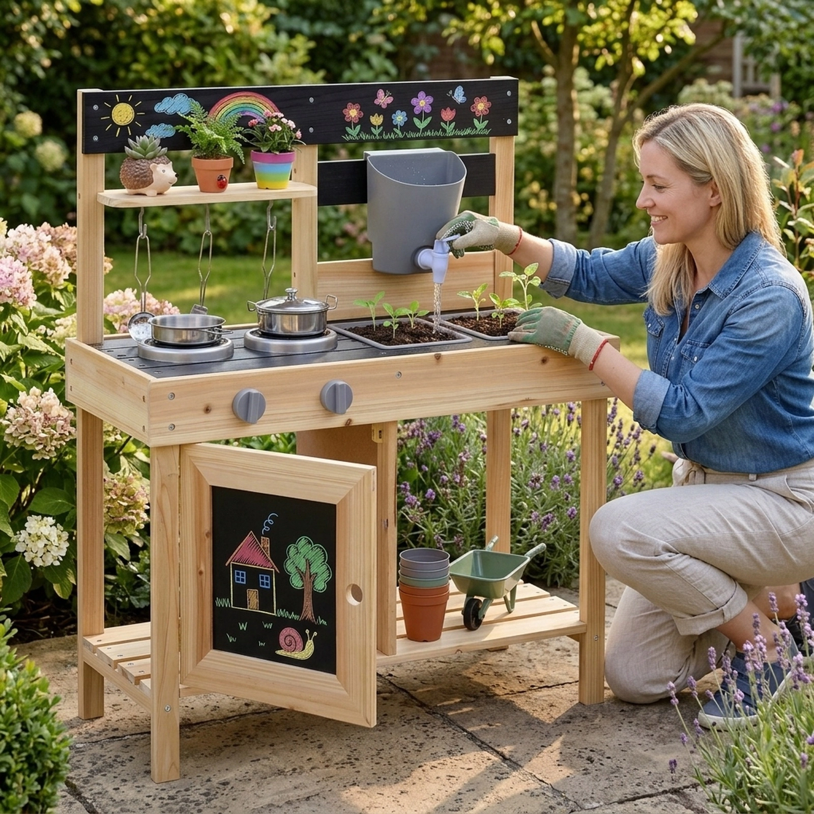 Mud Kitchen for Kids Outdoor 2 Removable Sinks Working Faucet 5 Kitchenware Pieces 26.5-in Fir Wood Ages 3+ Natural