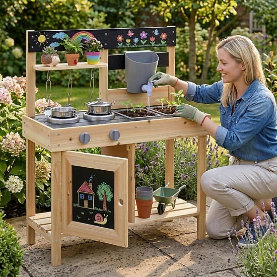 Mud Kitchen for Kids Outdoor 2 Removable Sinks Working Faucet 5 Kitchenware Pieces 26.5-in Fir Wood Ages 3+ Natural