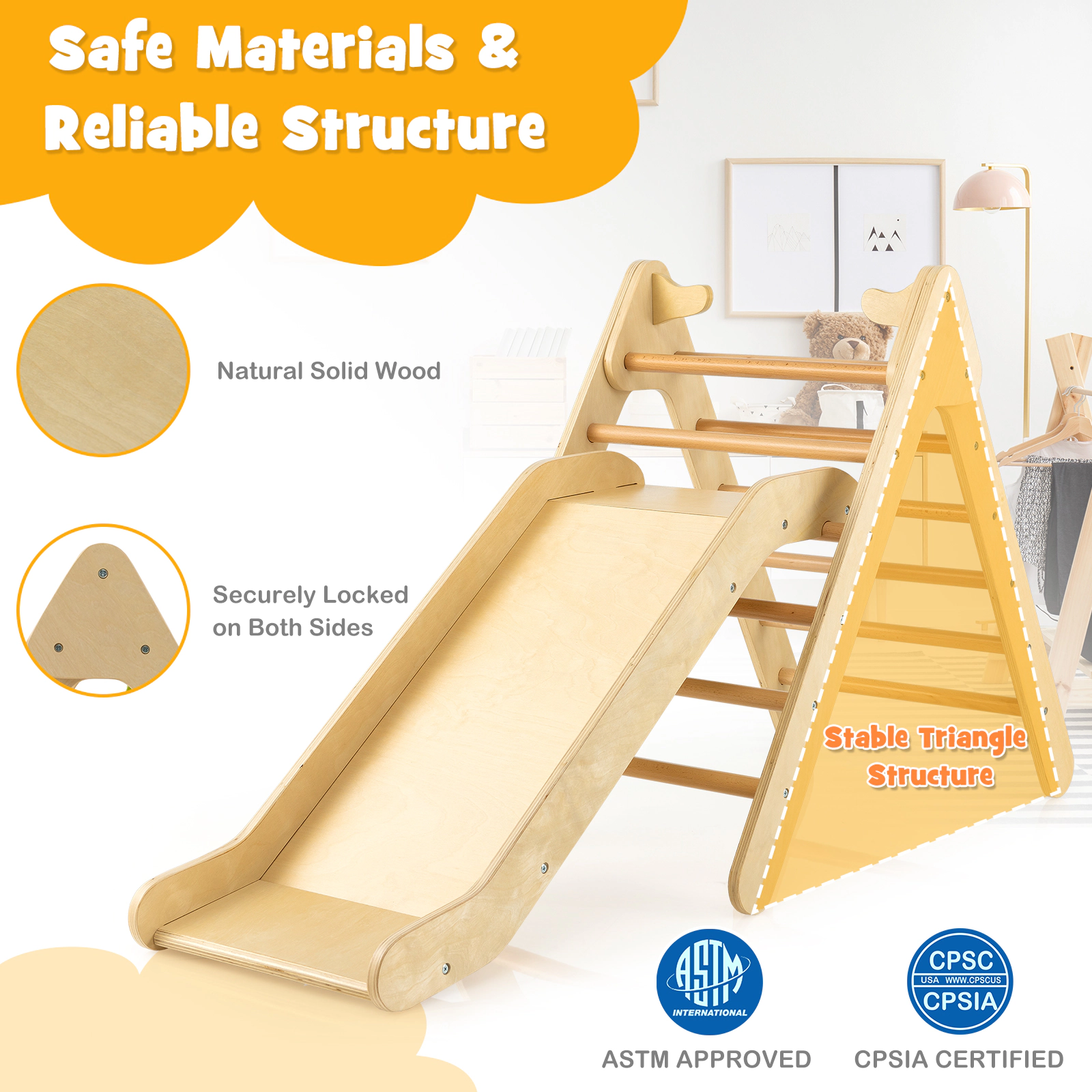 SUGIFT Natural Gradient Adjustable Slide 34 Inch 2-in-1 Kids Wooden Triangle Climber Set