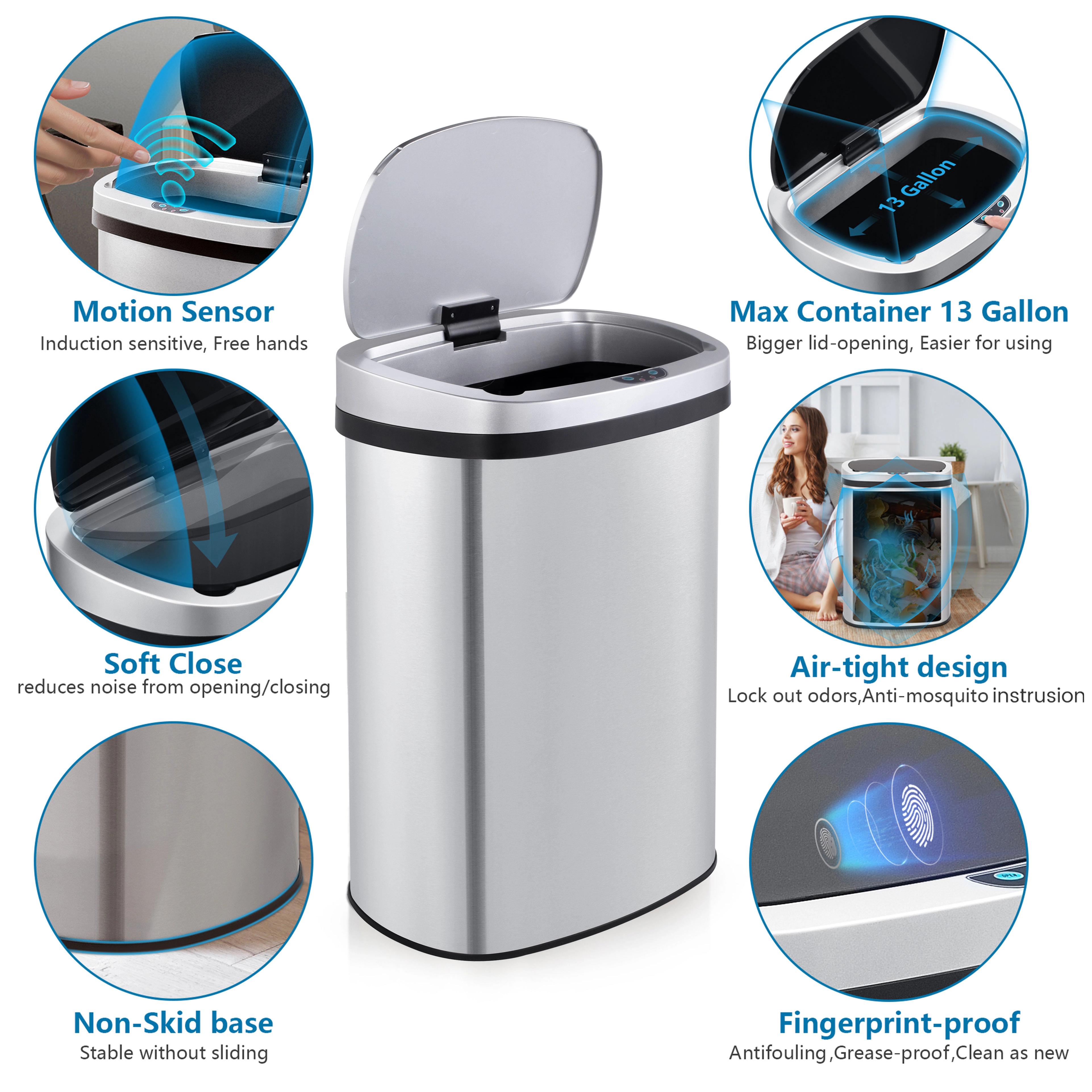 Innovaze 13 Gal./50 Liter Stainless Steel Oval Motion Sensor Trash Can for Kitchen
