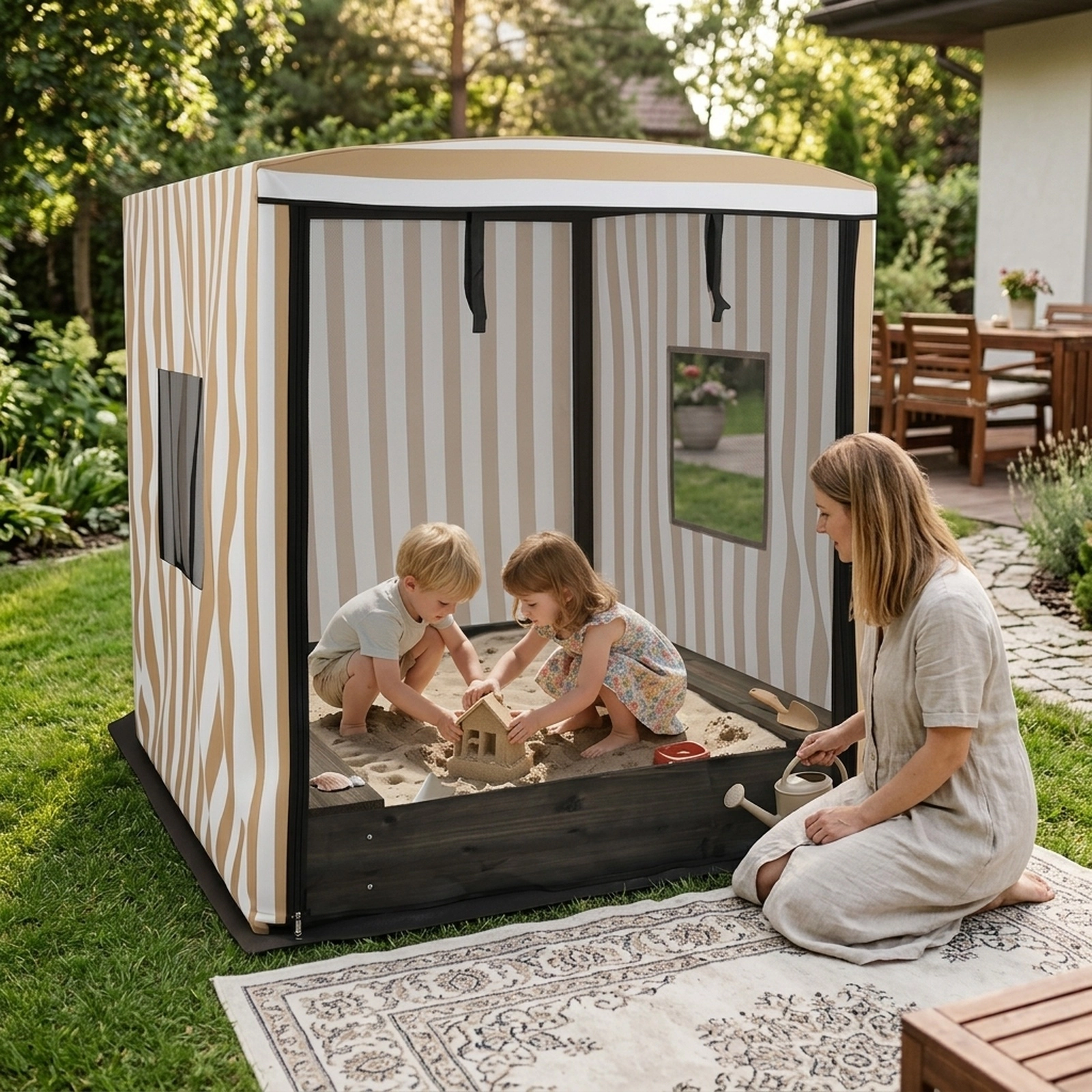 Wooden Sandbox with Canopy 48-in Covered Kids Sand Pit Roll-Up Zip Door Mesh Windows Storage Benches Ages 3+ Brown