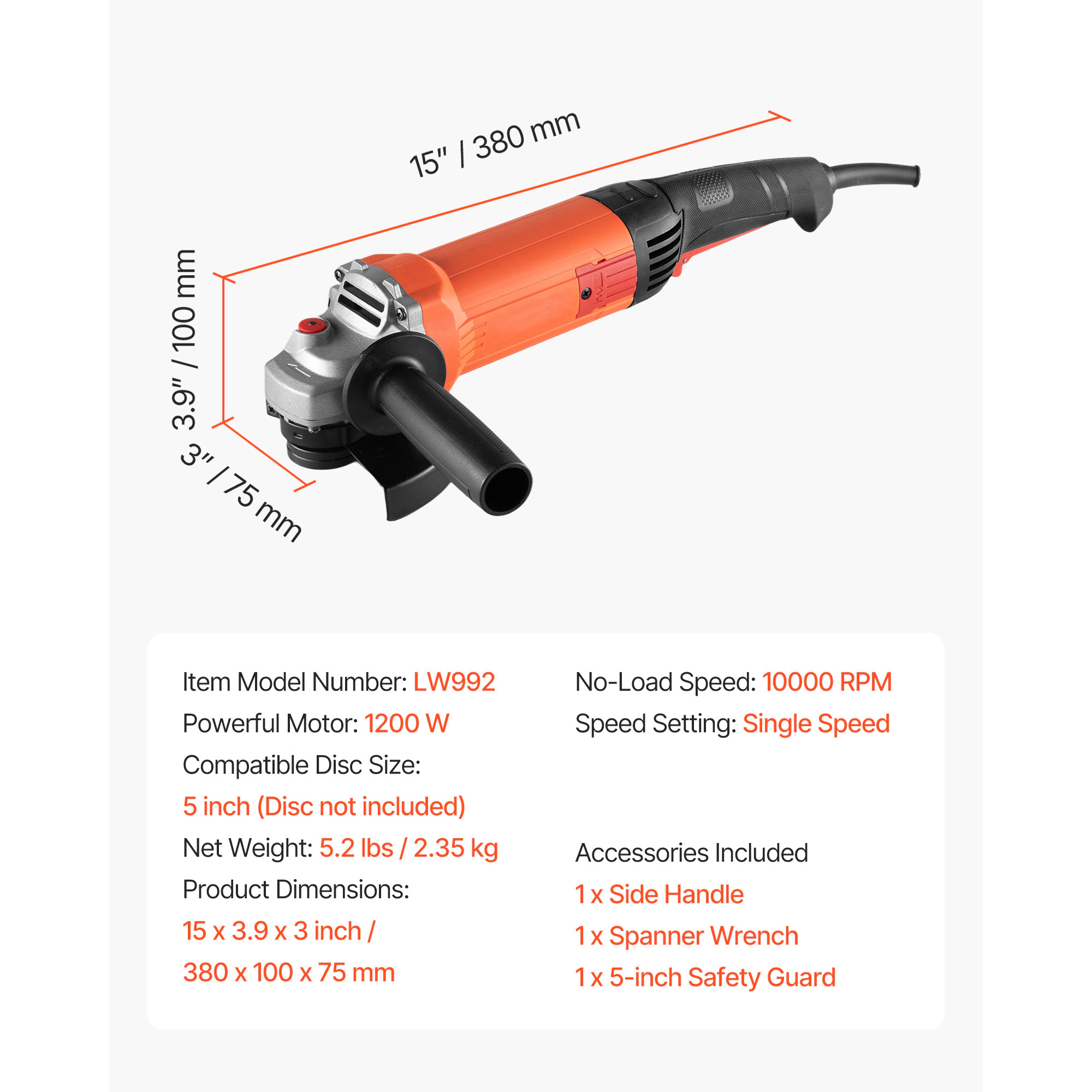 HONGGE Angle Grinder Electric Grinder Power Tool -Speed Corded Angle Grinders with 230° Adjustable Dust Guard for Metal