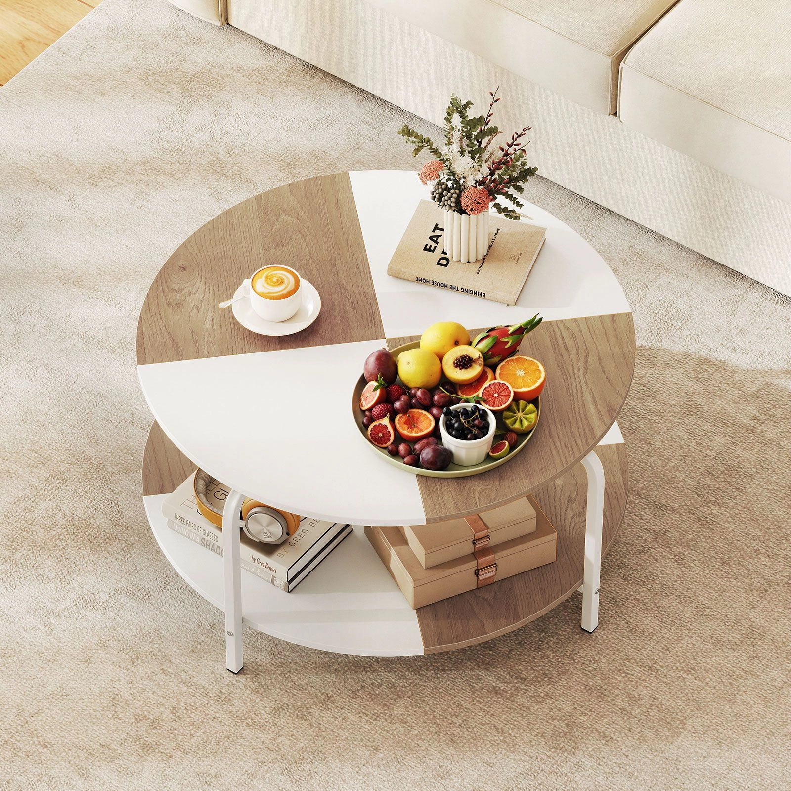 SlickBlue Round Center Table with 2 Tier Storage and Metal Frame