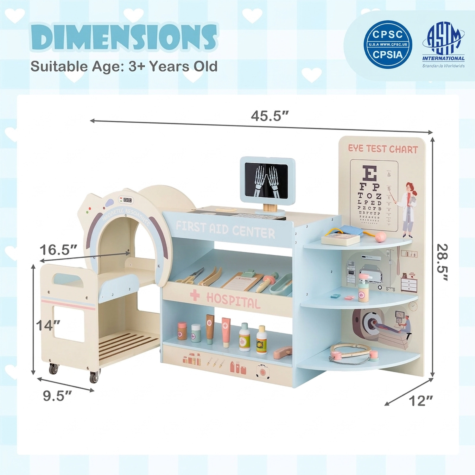Kids Doctor Play Set Wooden Hospital Office Kit Eye Chart Toy CT Machine Rolling Trolley 45.5-in x 12-in x 28.5-in Blue