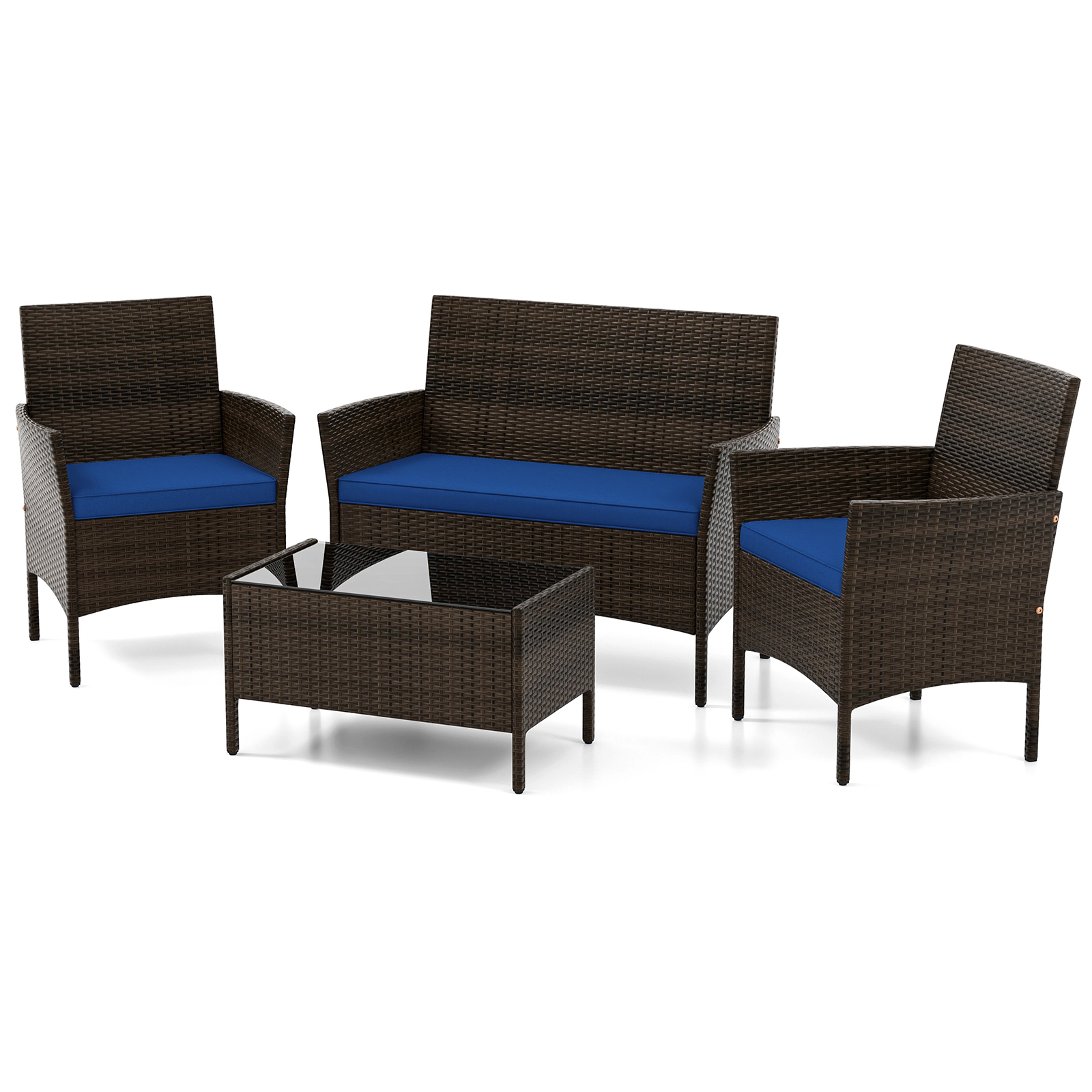 SUGIFT 4-Piece Black Patio Furniture Set with Rattan Loveseat Chairs and Glass Coffee Table 400-lb Per Chair