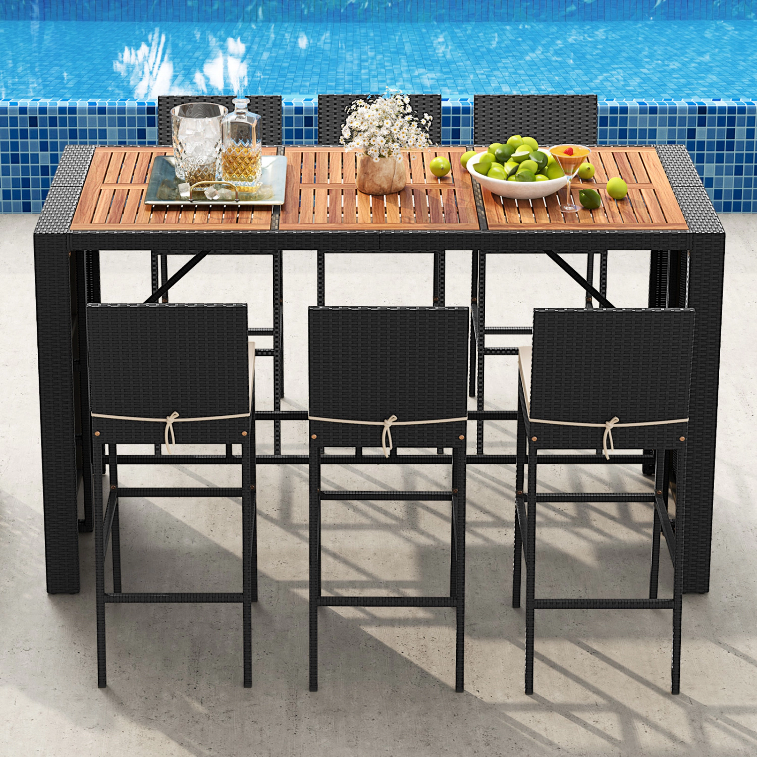 LJG 7 Pieces Patio Rattan Bar Set with Seat Cushions for Porch Yard Garden