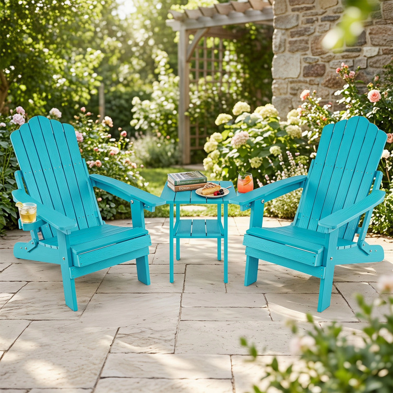SUGIFT Set of 2 330-lb Capacity Turquoise 5-Level Reclining Folding HIPS Adirondack Chairs with Swivel Cup Holder