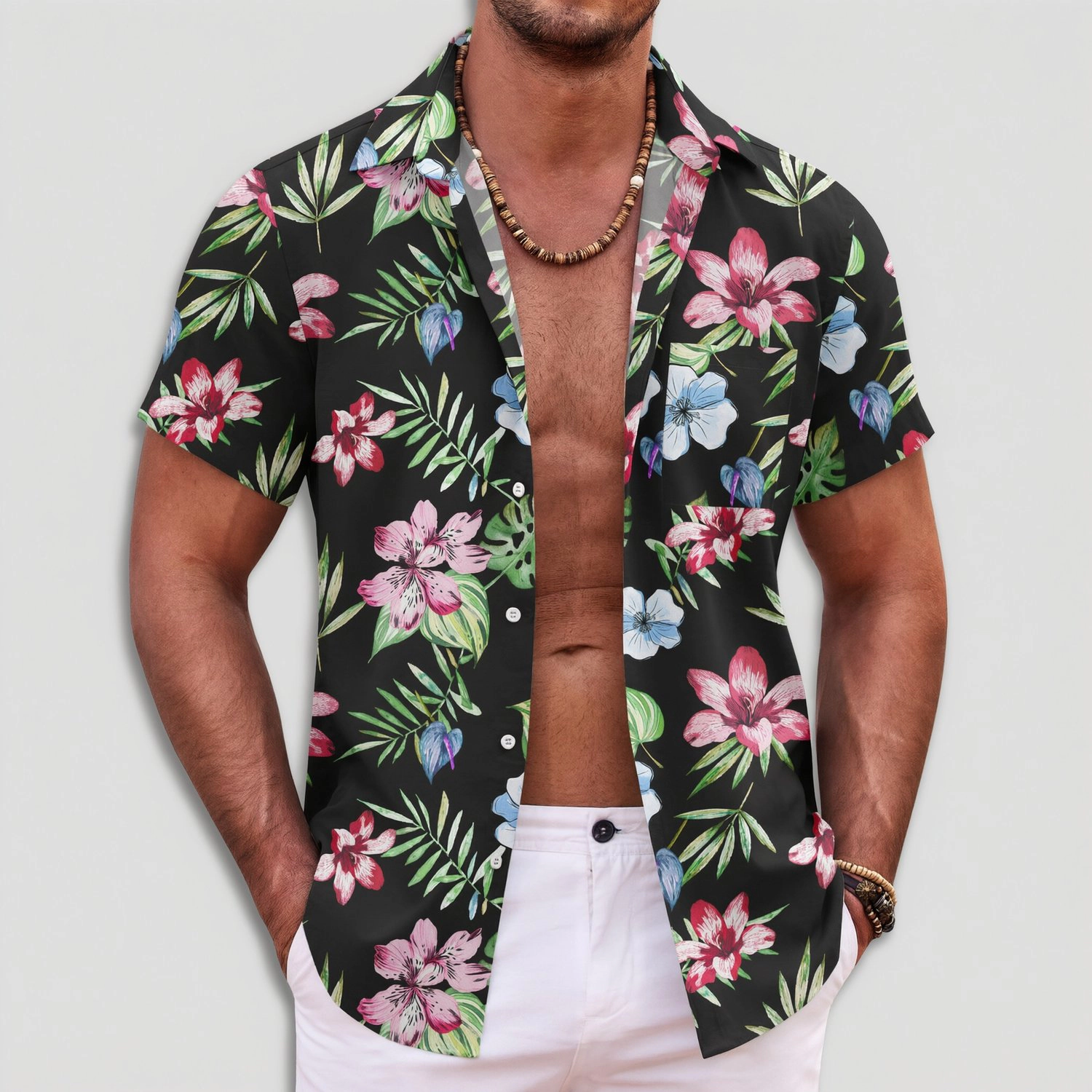 COOFANDY Mens Short Sleeve Shirts Tropical Leaf Print Lapel Collar Casual Beach Tops