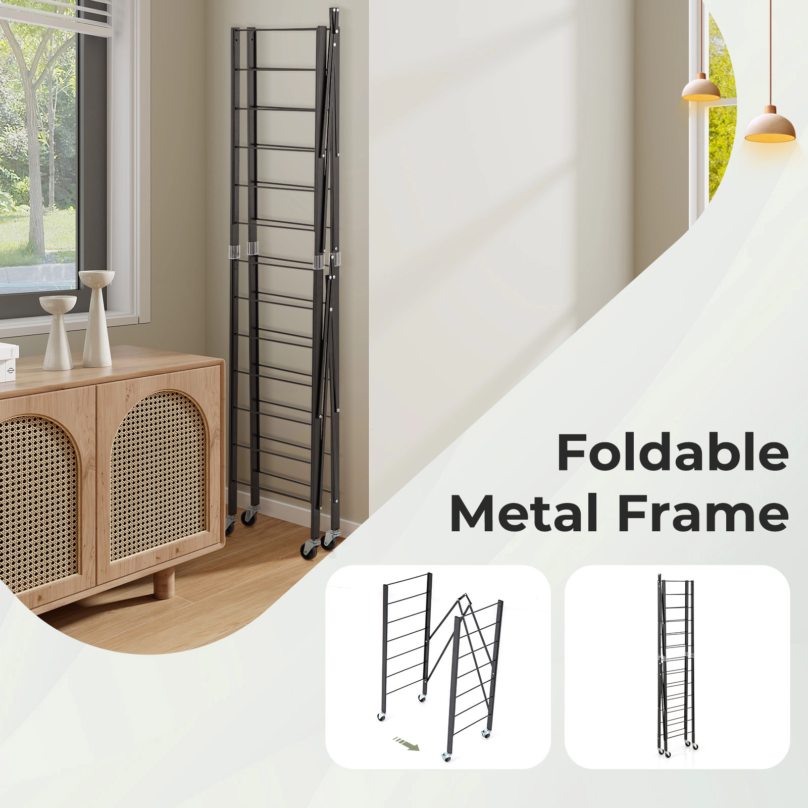 SUGIFT 5-Tier Black Foldable Storage Shelf with Wheels Expandable 19.5-in to 30-in for Garage and Kitchen