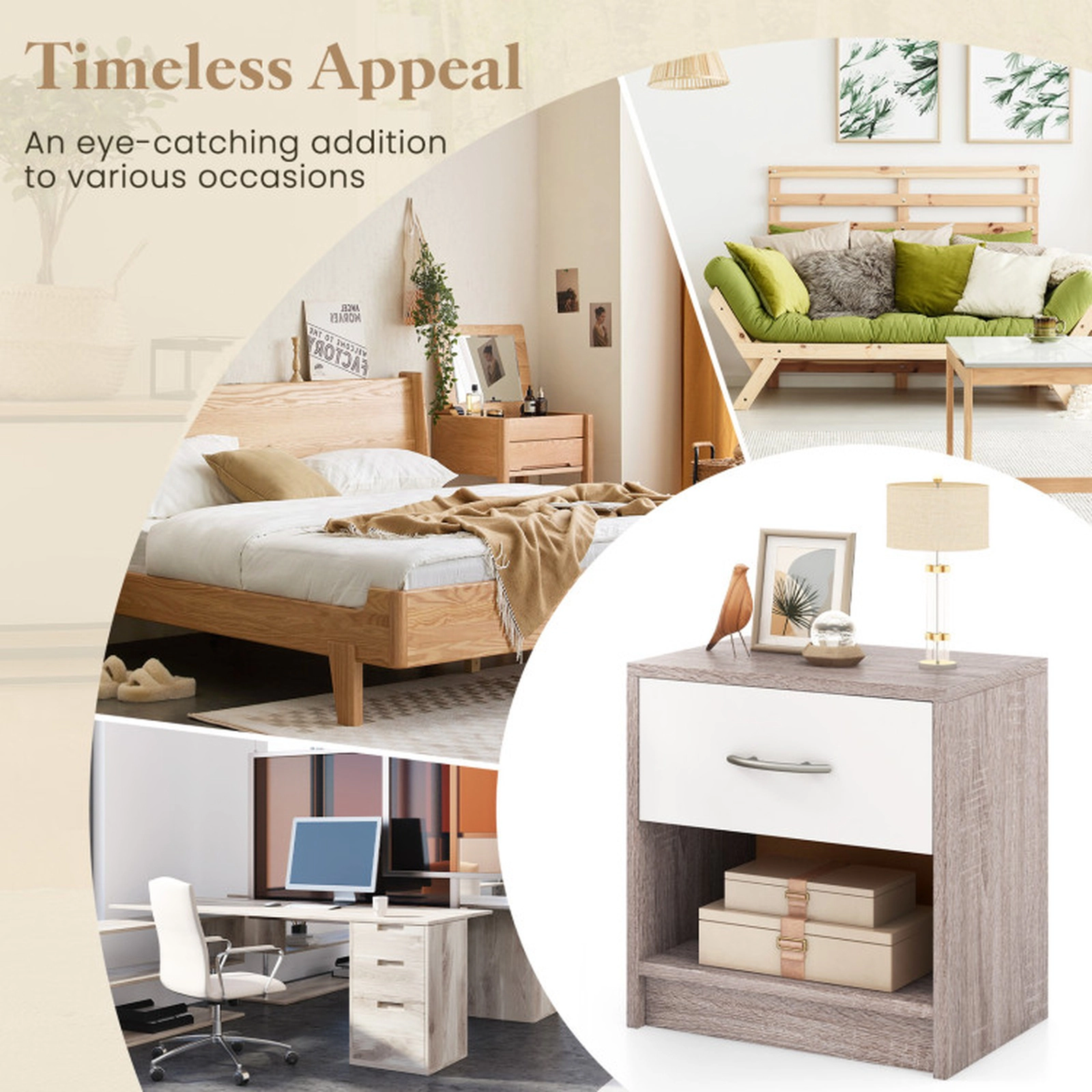 SUGIFT Bedside Table Nightstand with Drawer and Open Storage Shelf 22-Lb Capacity Light Gray