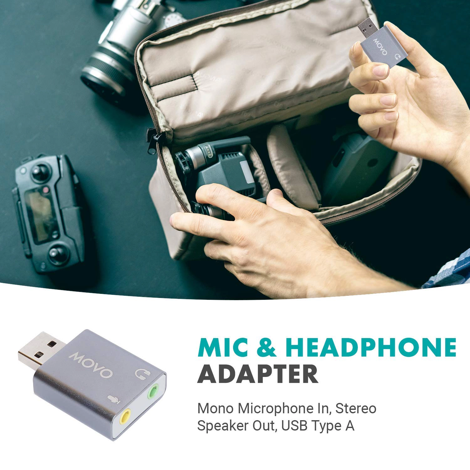 Movo USB-AC1 3.5mm TRRS Microphone to USB 2.0 Stereo Digital Audio Converter - USB Sound Card Adapter for Computer