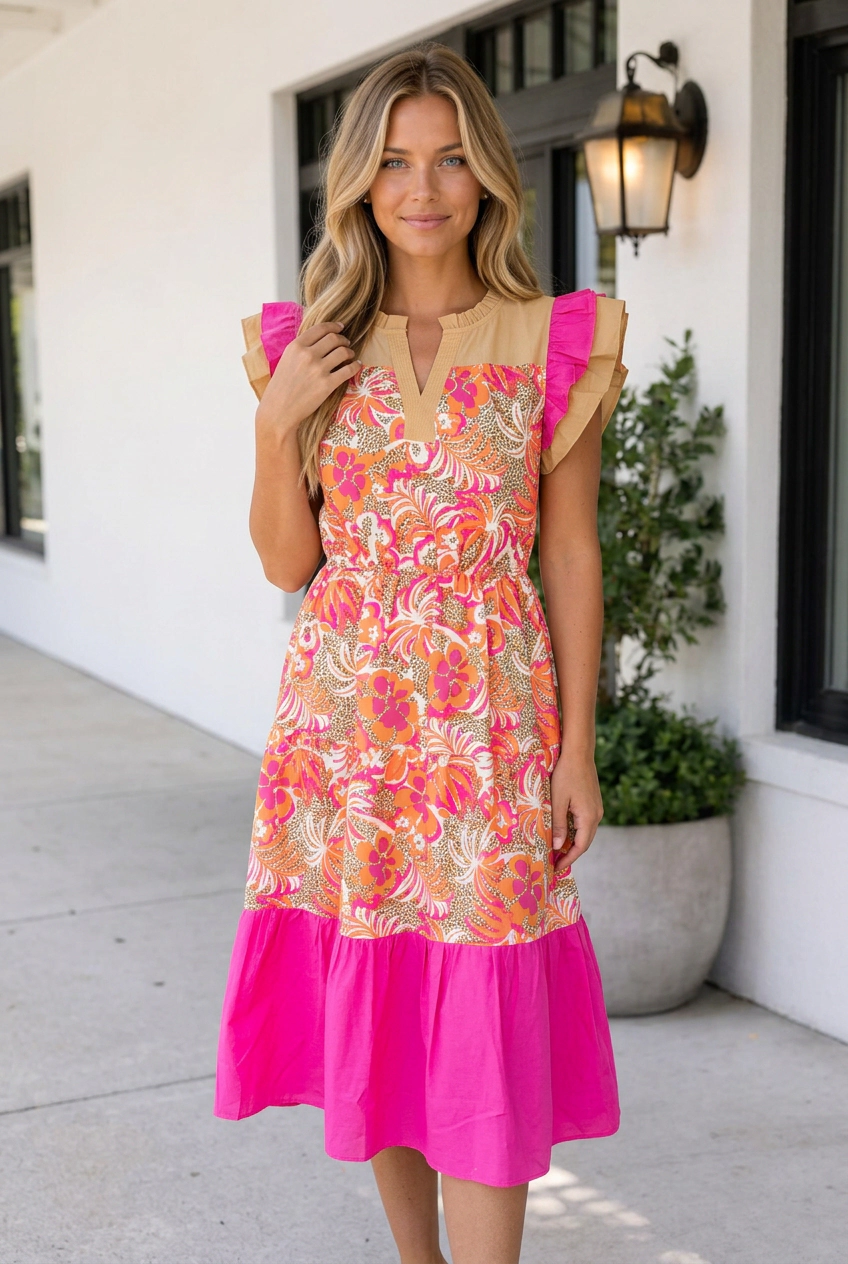 Threaded Pear Women's Rose Floral Print Color Block Ruffled Short Sleeve Flared Midi Dress