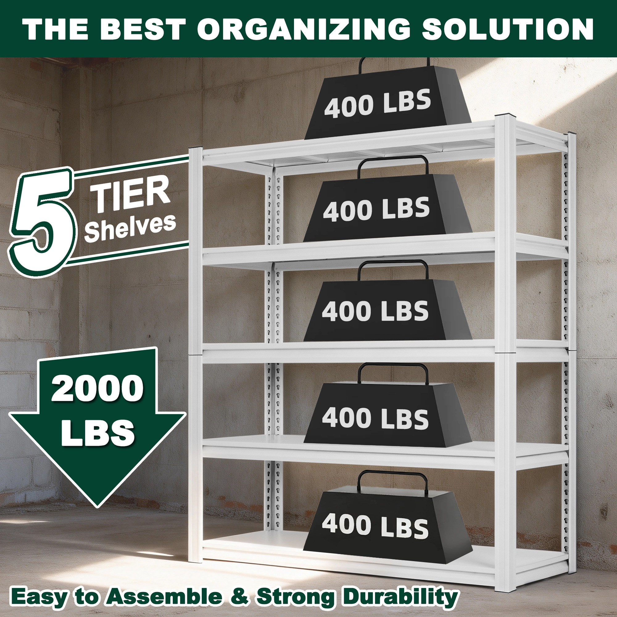 Flynama 5-Tier Boltless Garage Shelving, Heavy Duty Steel, Adjustable, White (47.2"W x 72"H x 23.6"D)