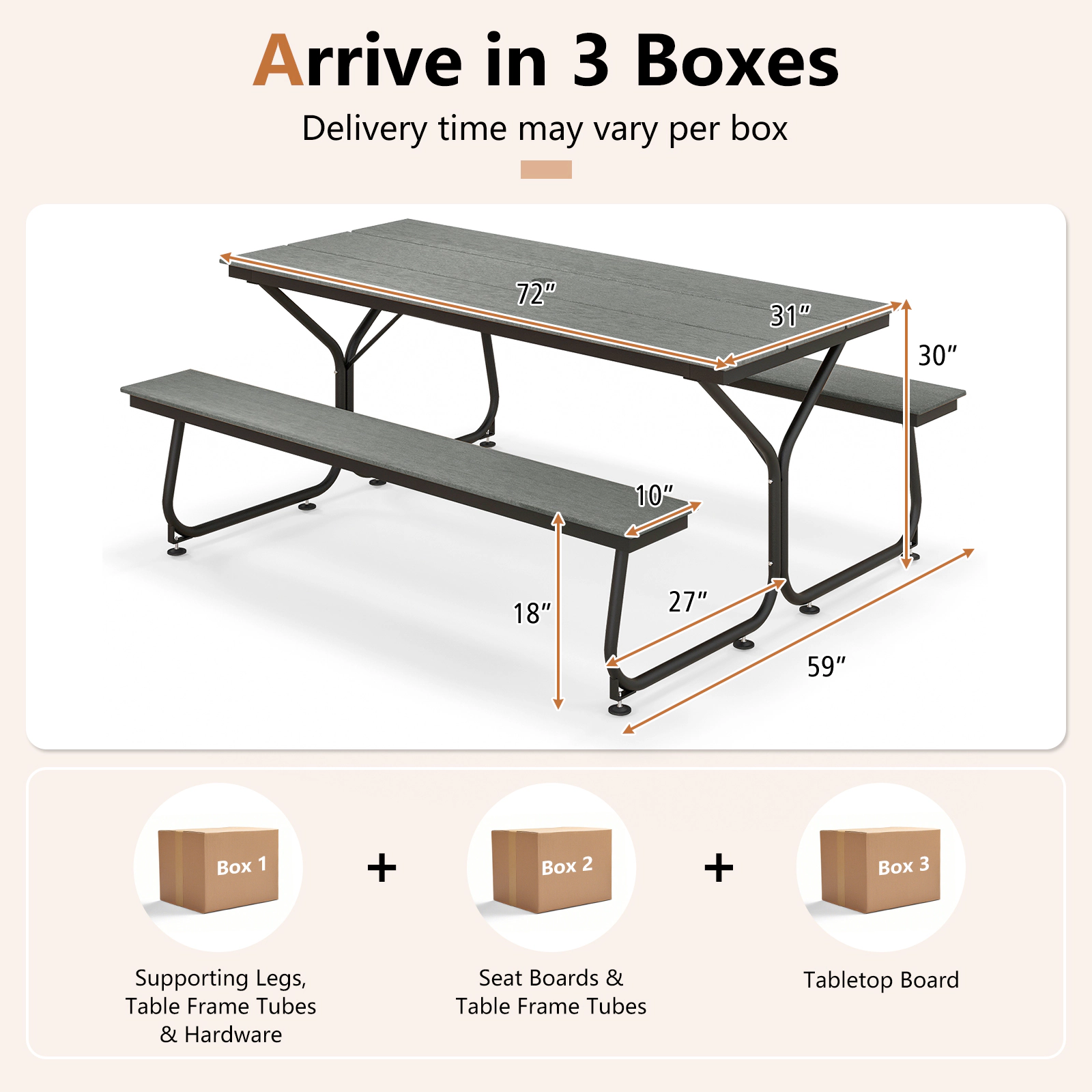 SUGIFT 6 ft Outdoor Picnic Table Bench Set Gray HDPE for 6-8 People with Metal Frame