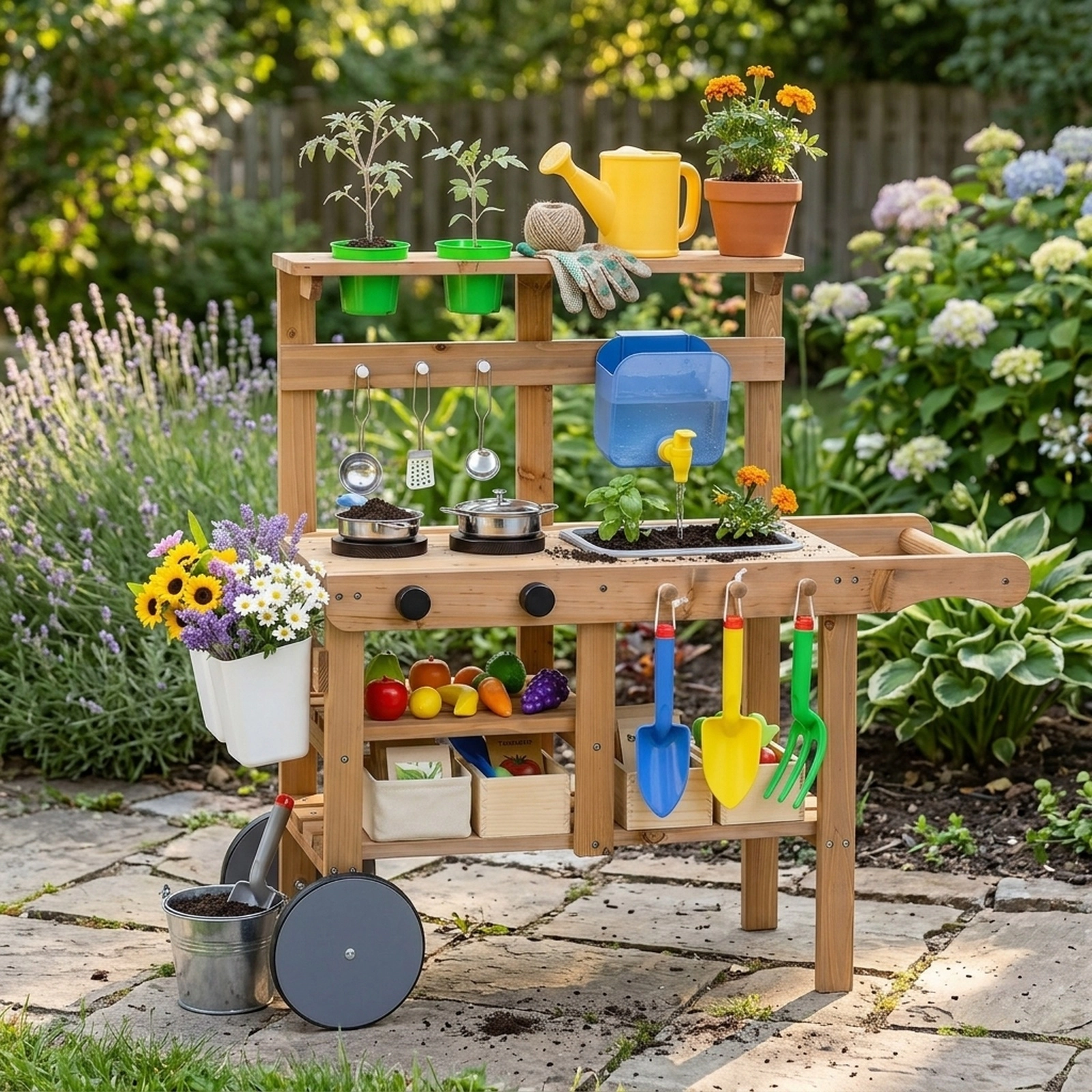 Kids Mud Kitchen Outdoor with Water Tank Sink and 15-pc Accessories 36-in x 13-in x 32-in Solid Wood Natural