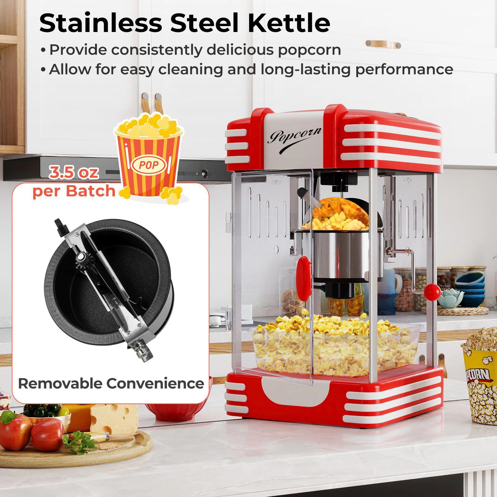SlickBlue Red Countertop Popcorn Maker, 3.5 Oz Kettle, 300W, Warming Light, Retro Design