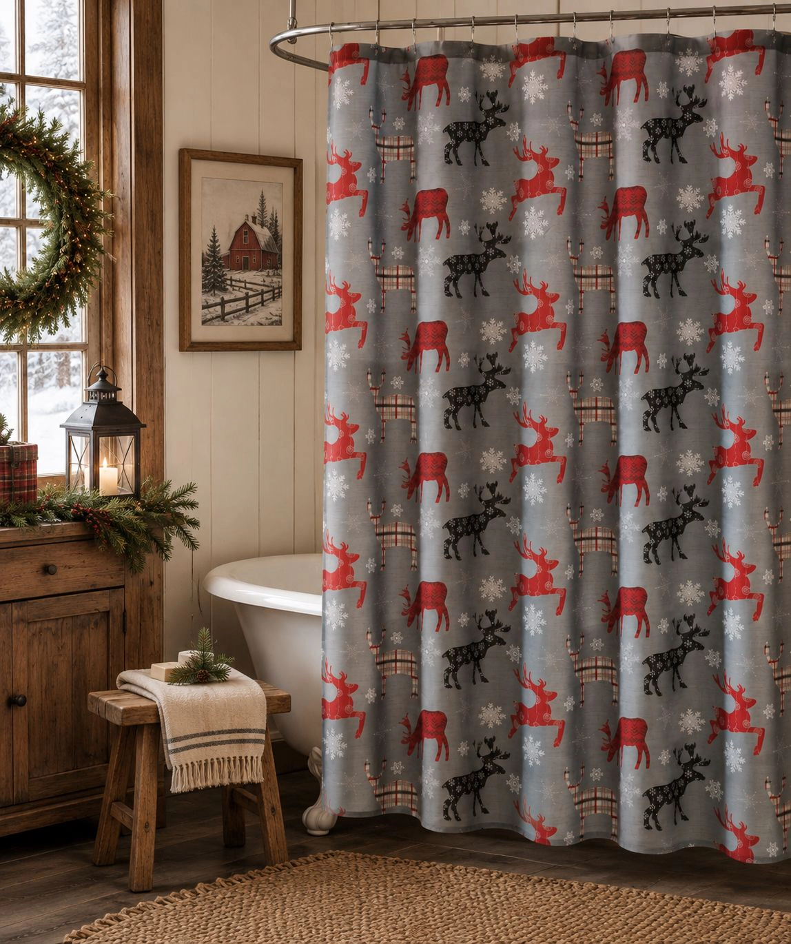 Kate Aurora Plaid Christmas Woodland Reindeer & Snowflakes Fabric Shower Curtain