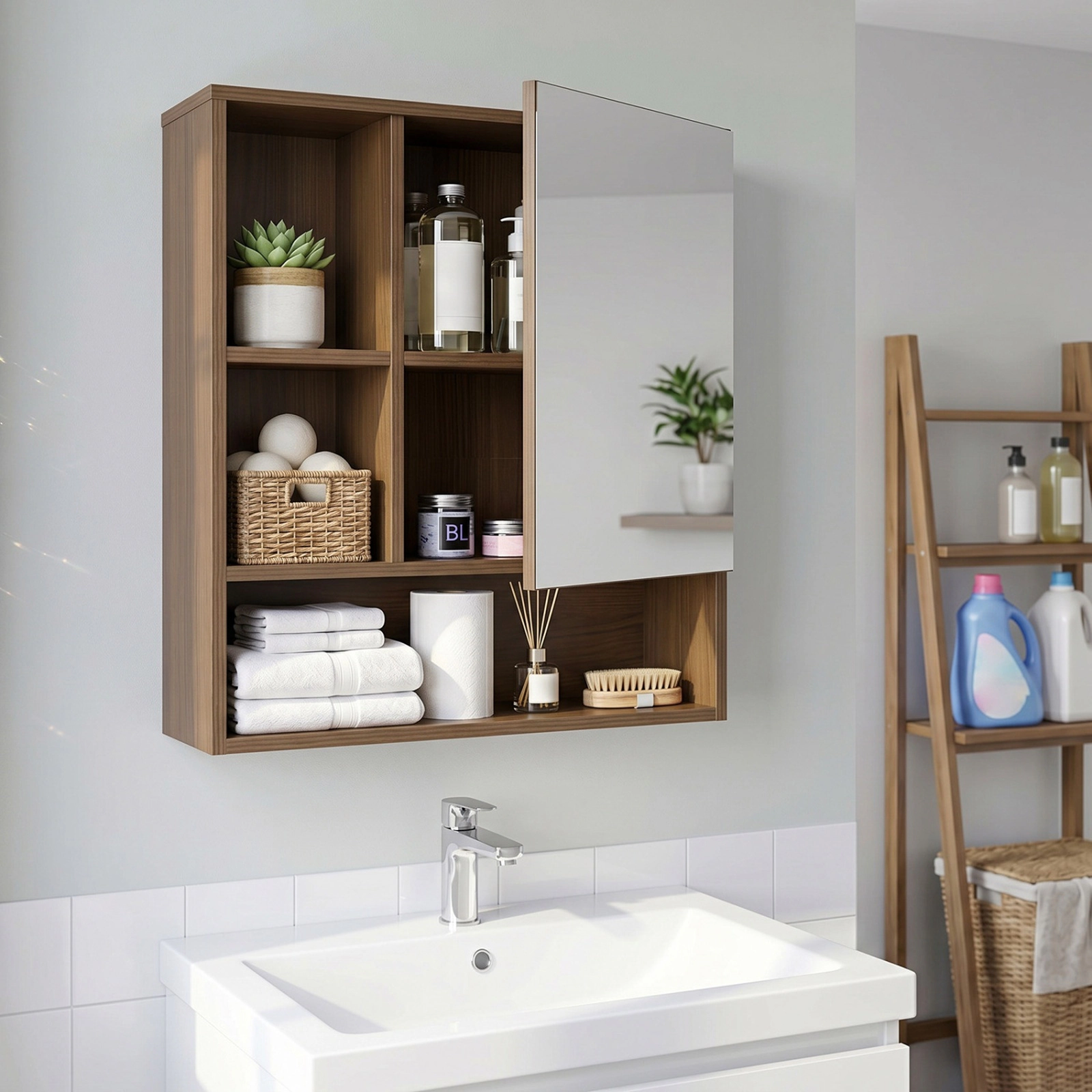 SUGIFT Walnut 22-lb Countertop Capacity Wall Mounted Mirror Cabinet with 2 Hidden Shelves and 3 Open Compartments