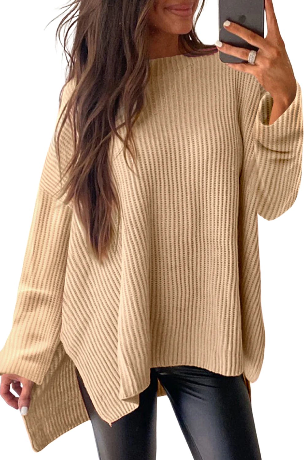 Sol Living Womens Cable Knit Drop Shoulder Side Slits Loose Sweater