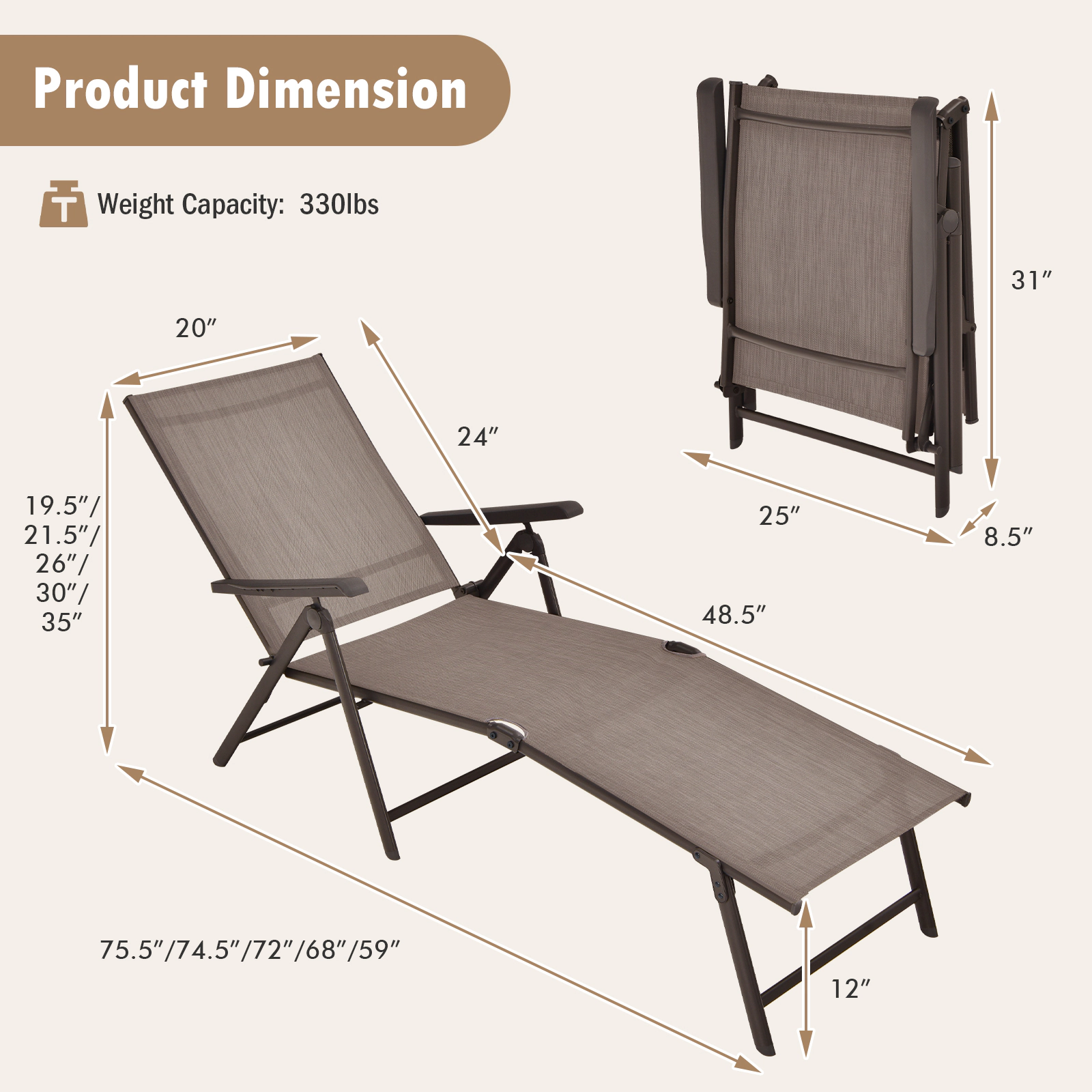 SUGIFT Brown Foldable Chaise Lounge Chair, 5-Angle Backrest, 2-Position Footrest