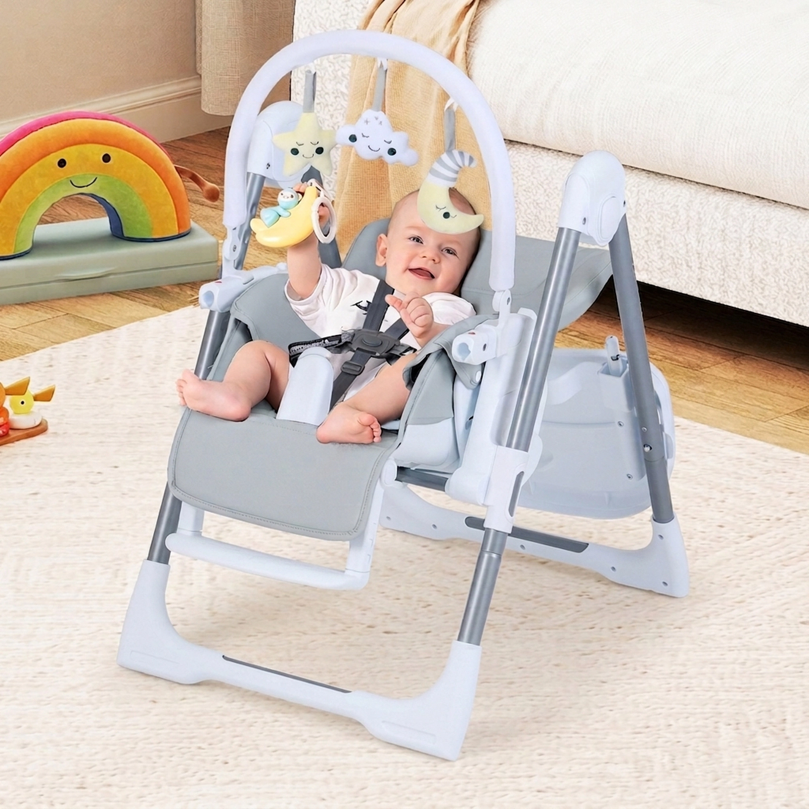Adjustable Baby High Chair Independent Height Backrest and Footrest Settings PU Cushion Compact Fold Light Gray