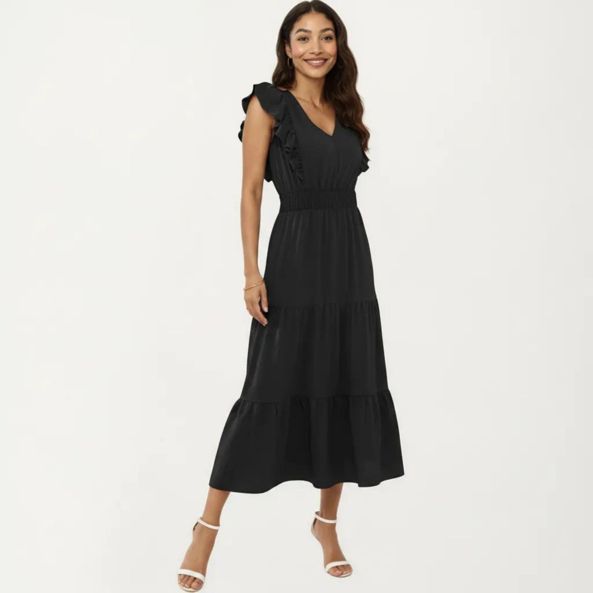 Anna-Kaci Women's Tiered Ruffle Sleeve Smocked Waist Midi Dress