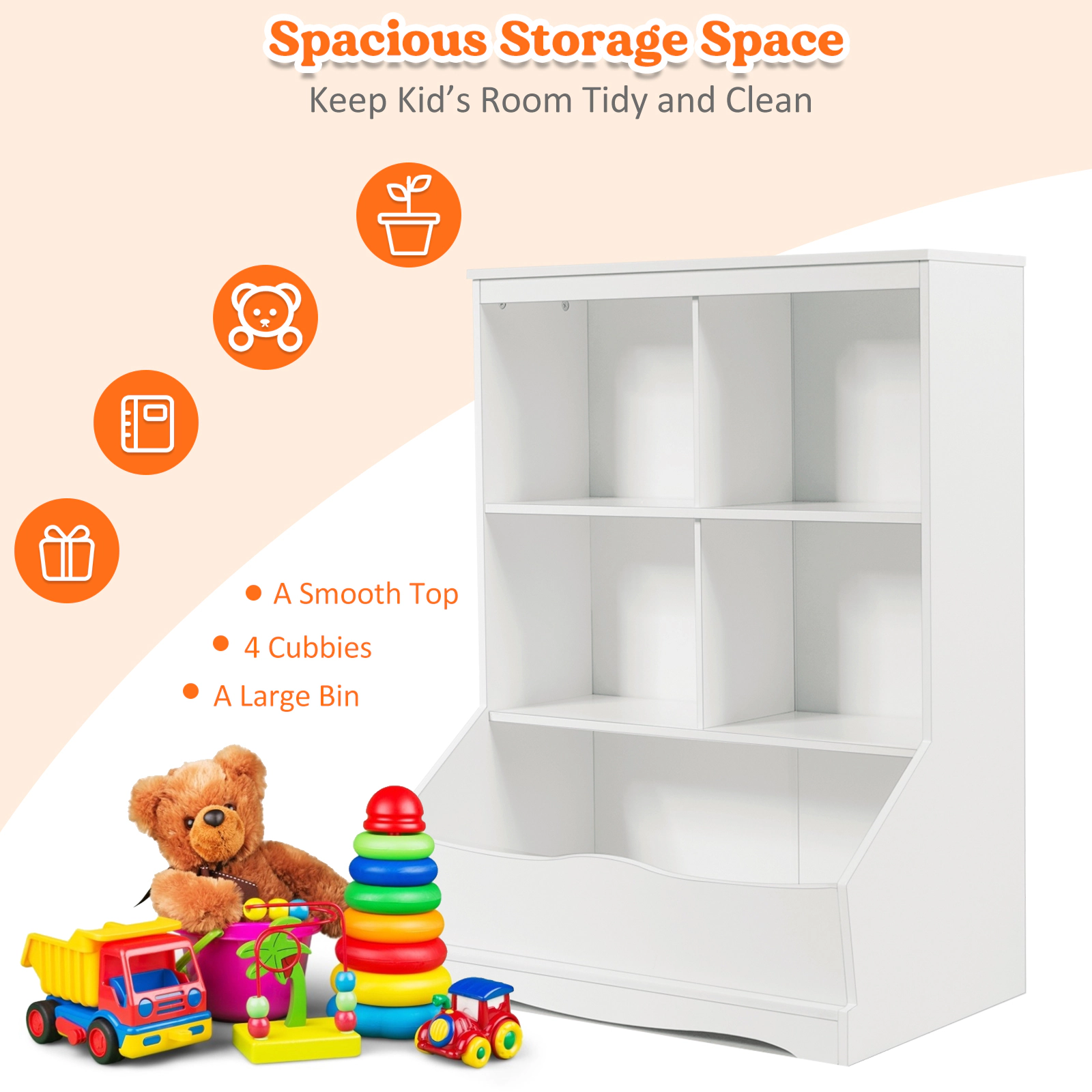 SUGIFT 3-Tier Multi-Functional Toy Organizer Bookcase with Storage Bin 66-lb Top Capacity White/Gray/Natural