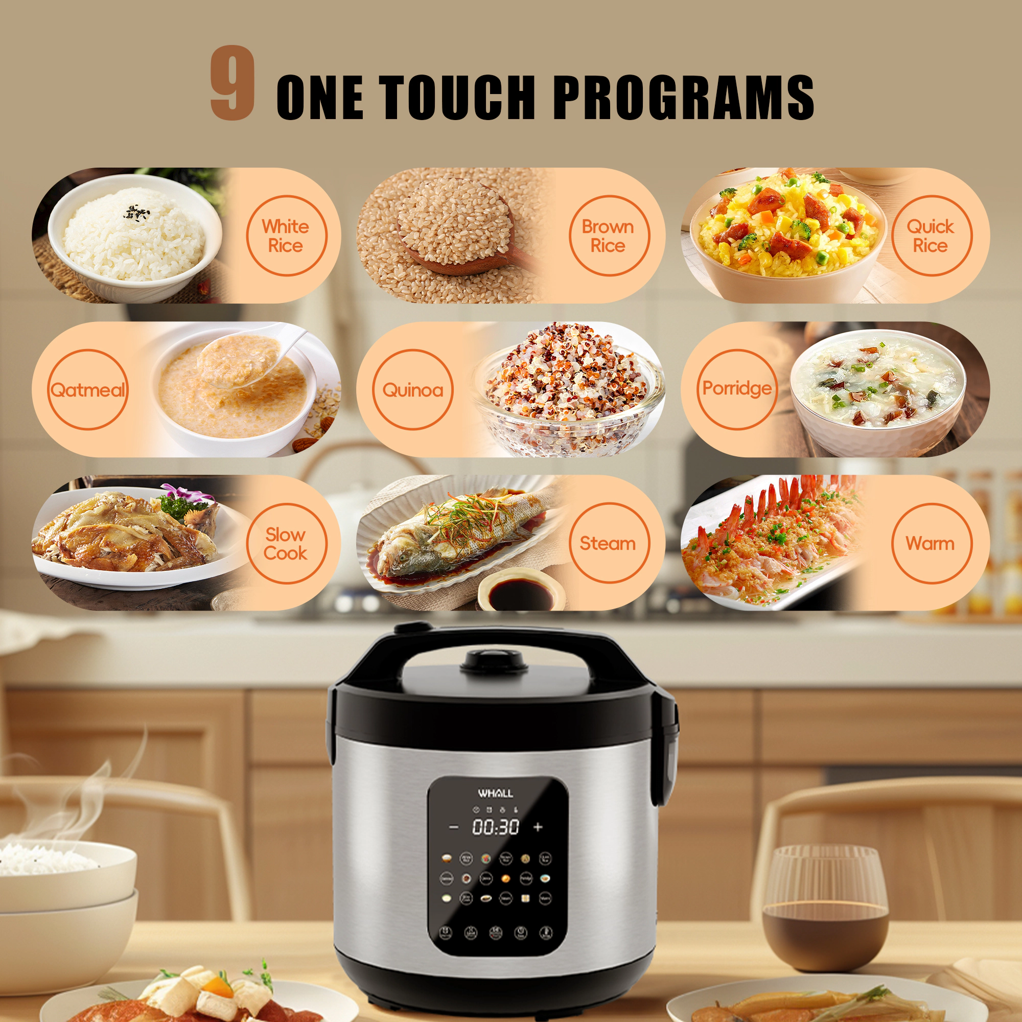 WHALL Digital Multi‑Cooker, 5‑Quart 9‑in‑1 Rice Cooker with Slow Cook, Steam, Oatmeal, Quinoa, Porridge, Delay Timer & A
