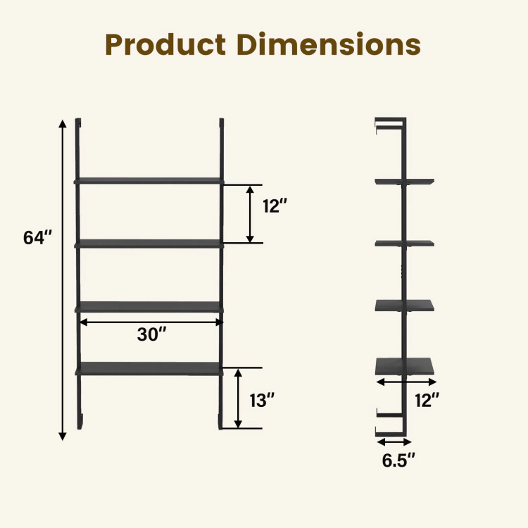 Hivvago 4-Tier Ladder Shelf Open Wall Mounted Bookcase with Wooden Boards and Metal Frame