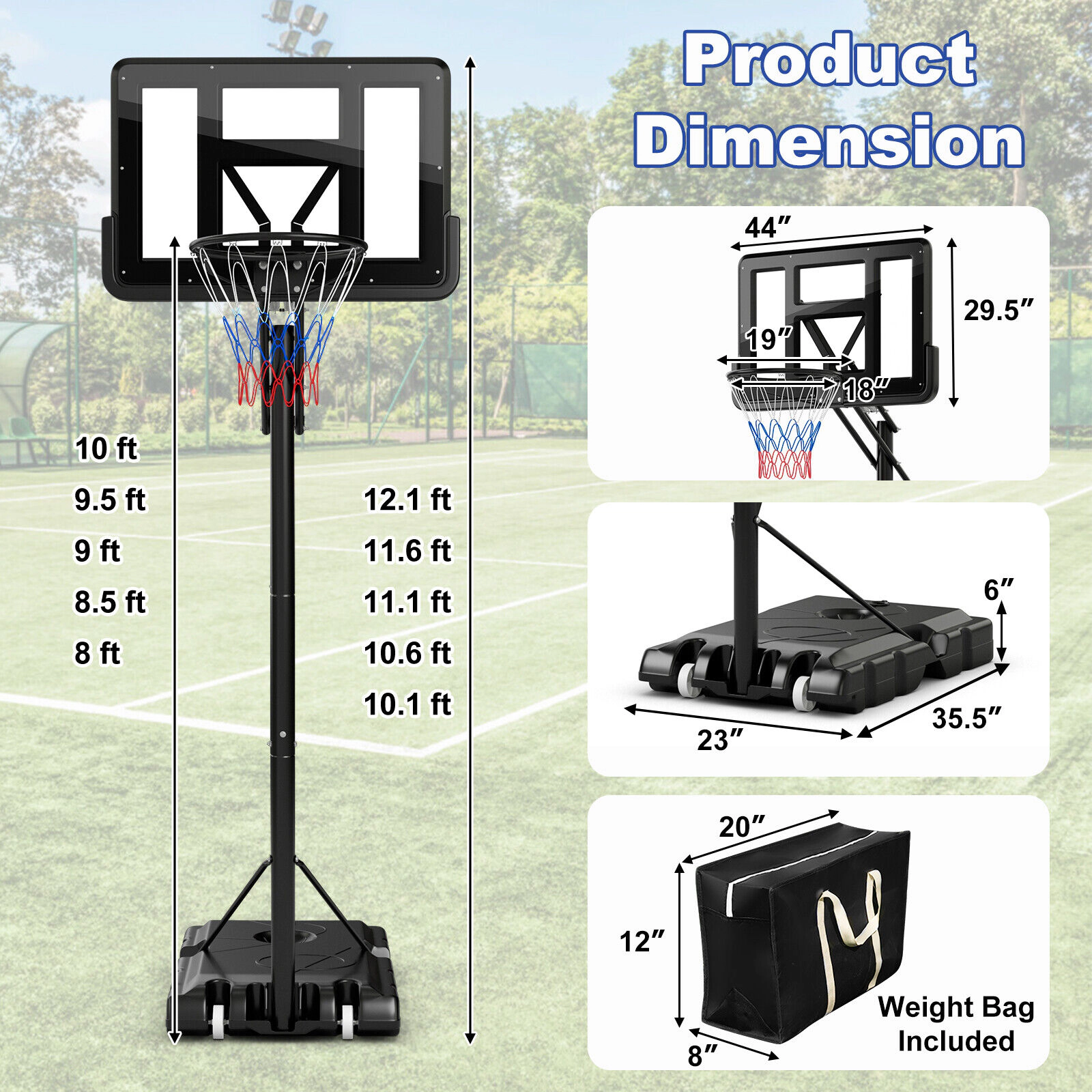 SUGIFT Black Portable Basketball Hoop with 44-in PET Backboard and Quick Lift Grip 4.6-ft to 10-ft H 18-in Rim