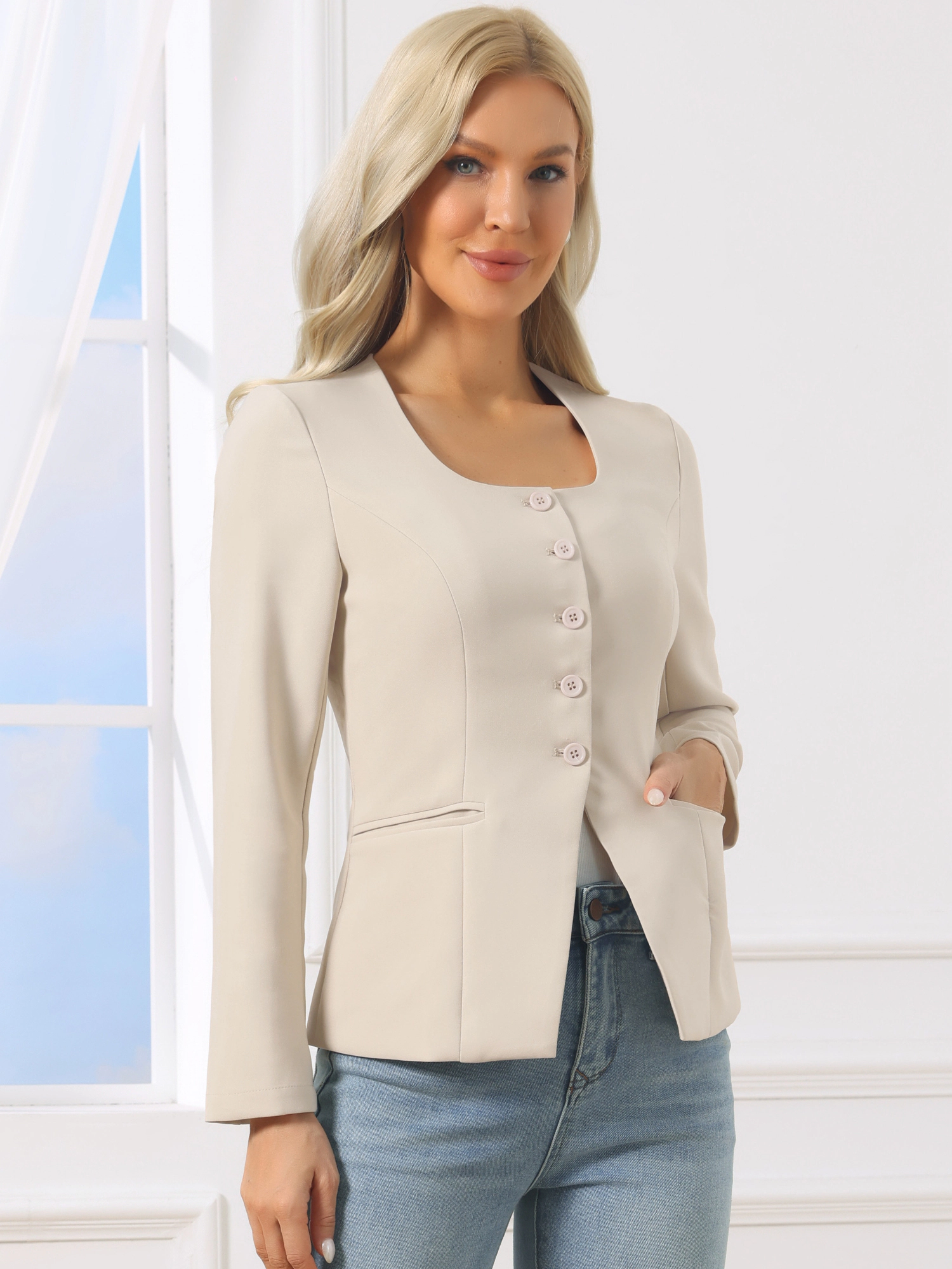 INSPIRE CHIC Women's Button Down Scoop Neck Split Hem Business Casual Fitted Blazer