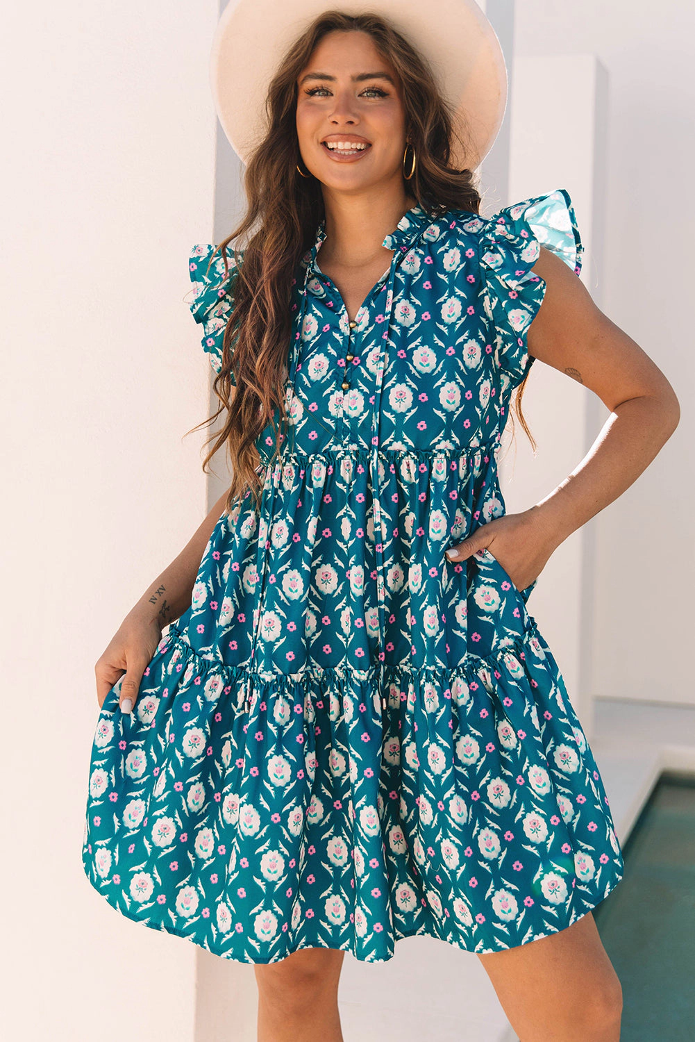 Threaded Pear Women's Sierra Retro Floral Ruffle Short Sleeve Dress