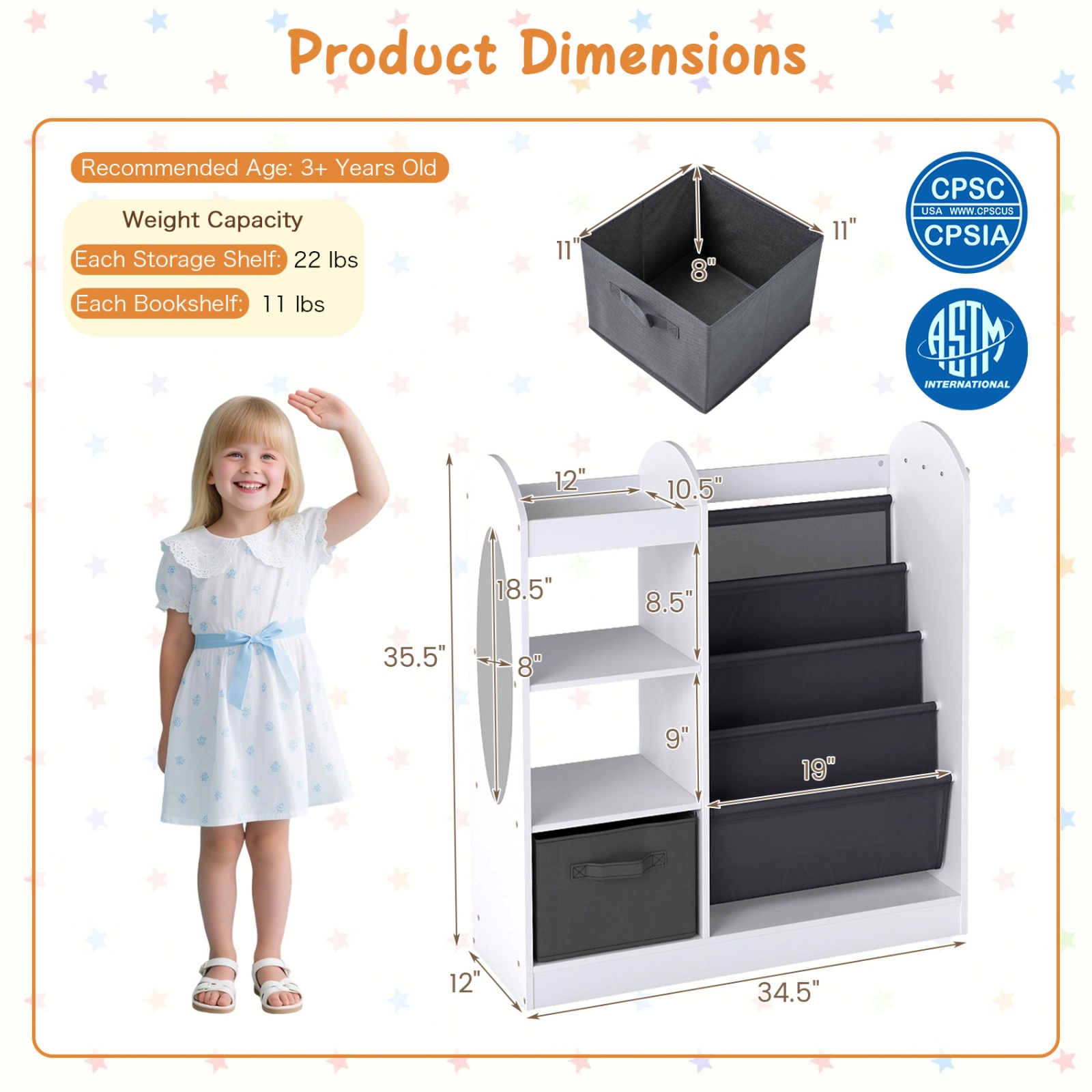 SUGIFT White 22-lb Shelf 4-Tier Sling Kids Bookshelf Toy Storage Organizer with Mirror and Fabric Drawer