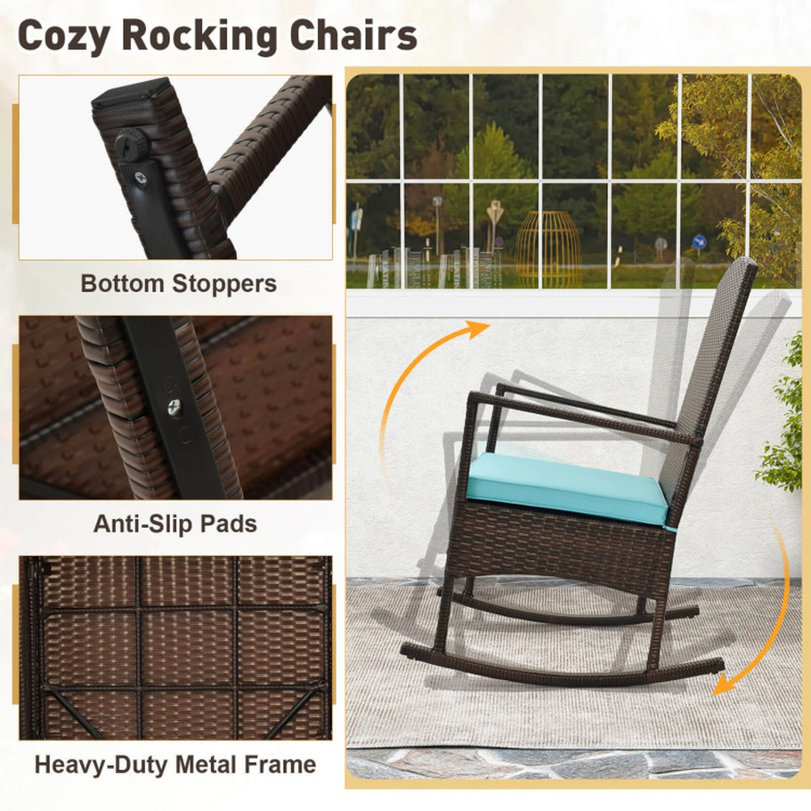 SUGIFT 3-Piece Turquoise Patio Wicker Rocking Chair Set with 2-Tier Glass Table 18-in Seat H 400-lb Chair Capacity
