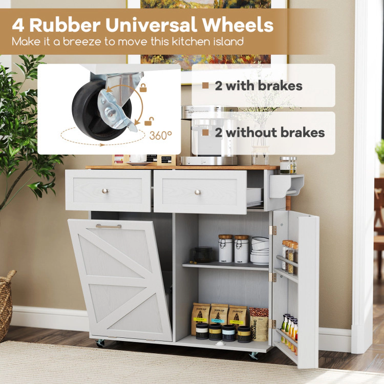 Hivvago Rolling Kitchen Island with Trash Can Cabinet and Rubber Universal Wheels