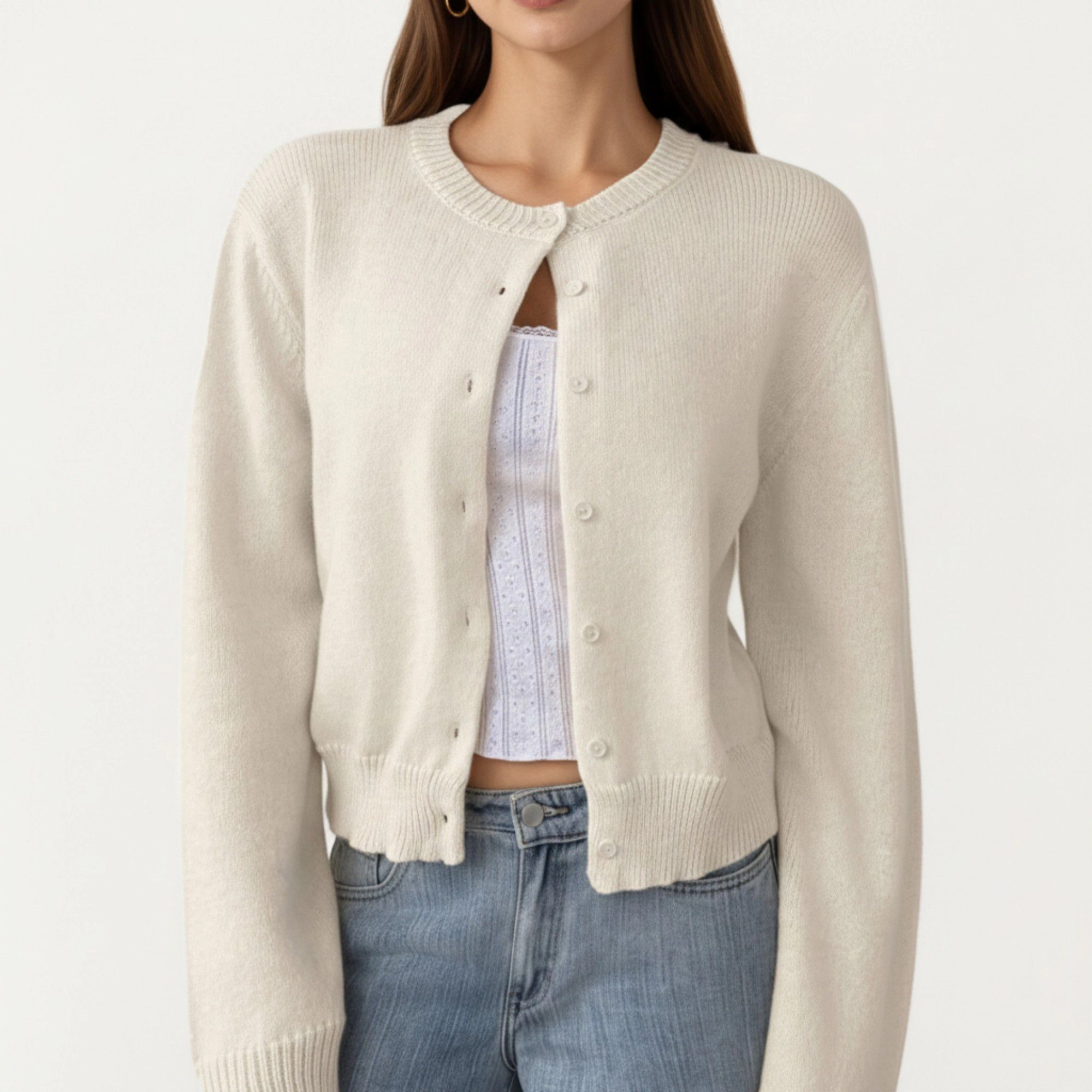 Anna-Kaci Women's Soft Knit Button Front Cropped Cardigan with Ribbed Trim Details and Relaxed Long Sleeves