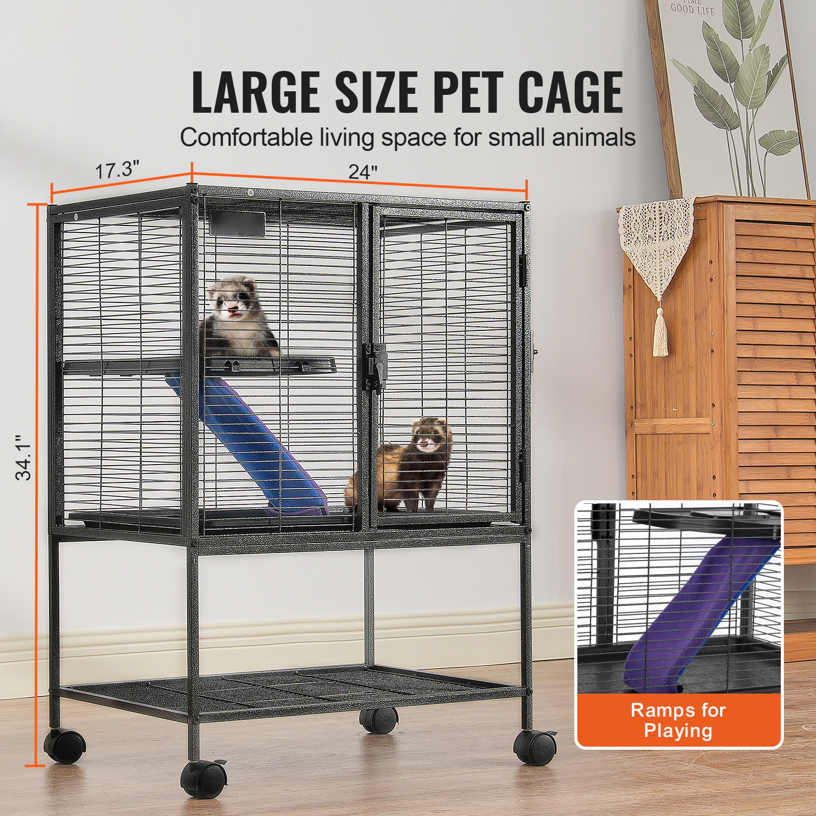 HONGGE Rolling Metal Ferret Cage Large Cage Small Animal Cage with Ramps & Tray Easy to Set up for Pet Rats Hamster