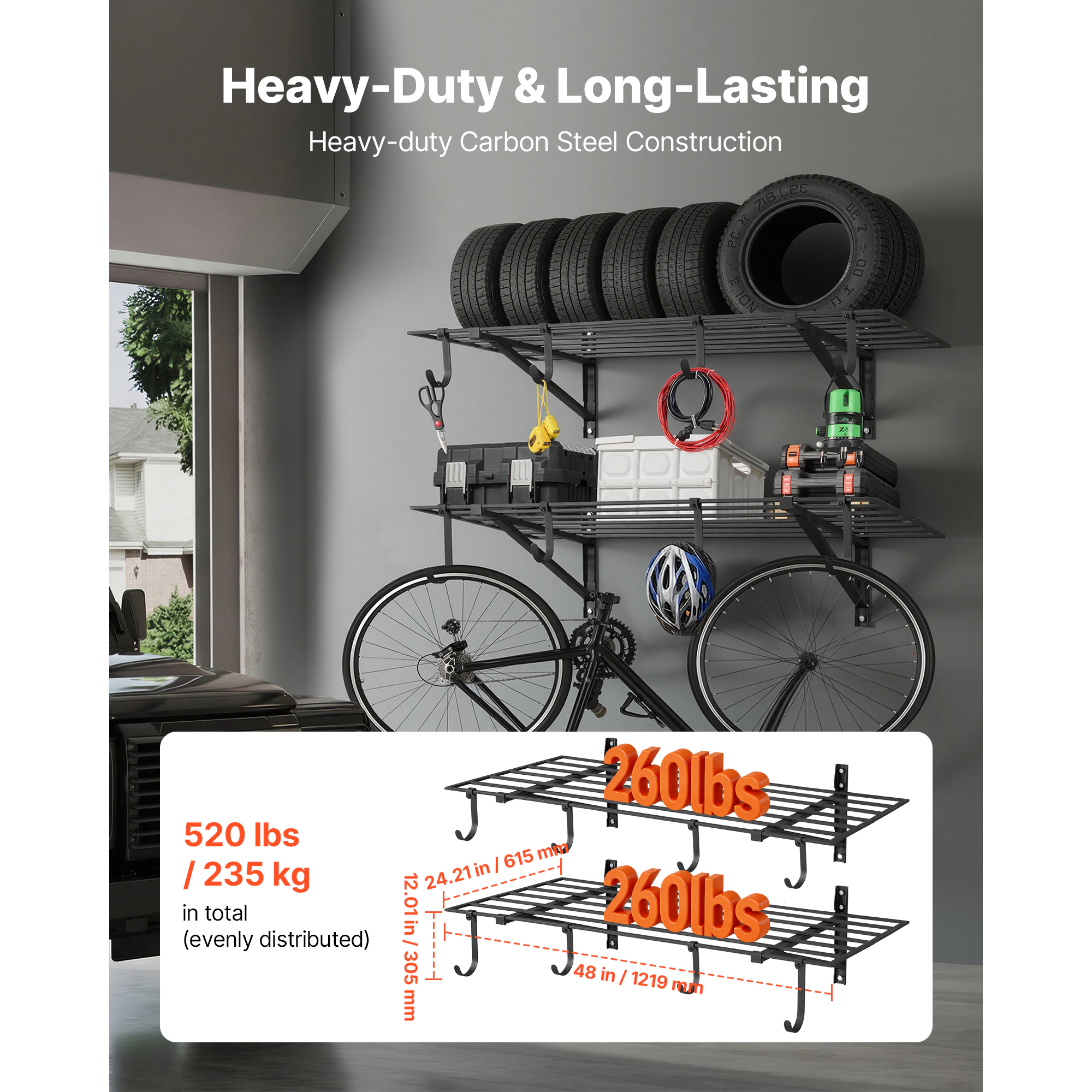 HONGGE 2-Tier Heavy Duty Wall Garage Shelving Steel Wall Mounted Shelving Unit with Hooks Per Shelf Floating Storage