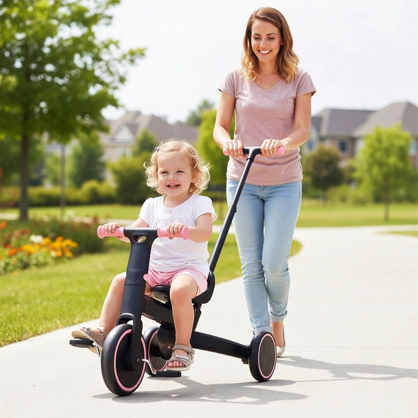 4-in-1 Foldable Toddler Tricycle Parent Steering Push Handle 3 Height Settings Quick-Release Pedals 18-60 Months Pink
