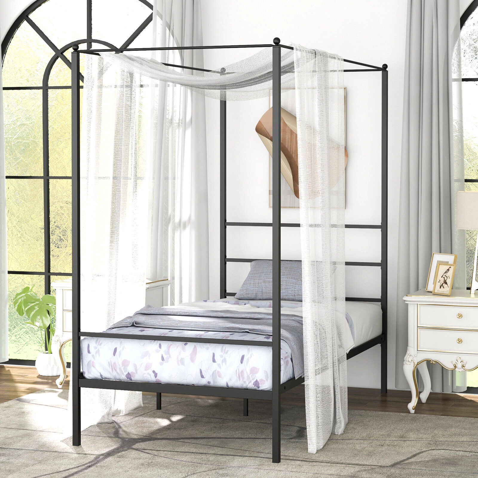 SUGIFT Twin Metal Canopy Bed Frame, Black, 4-Post Platform Bed