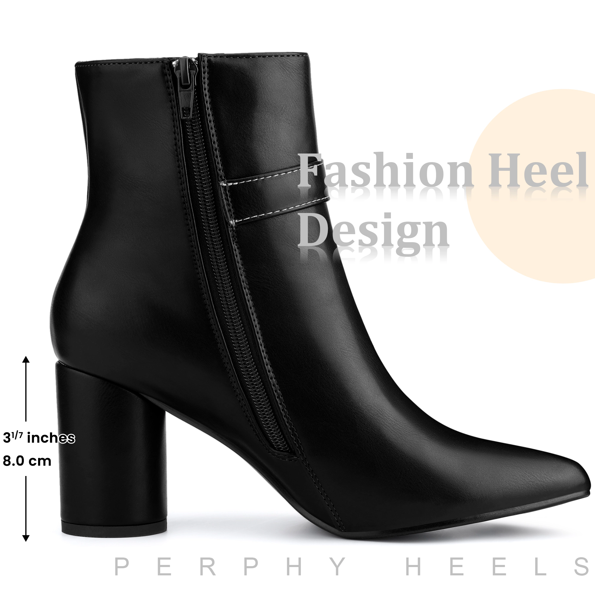 BLISSFUL STEP Women Faux Leather Pointed Toe Chunky Heel Side Zipper Ankle Boots