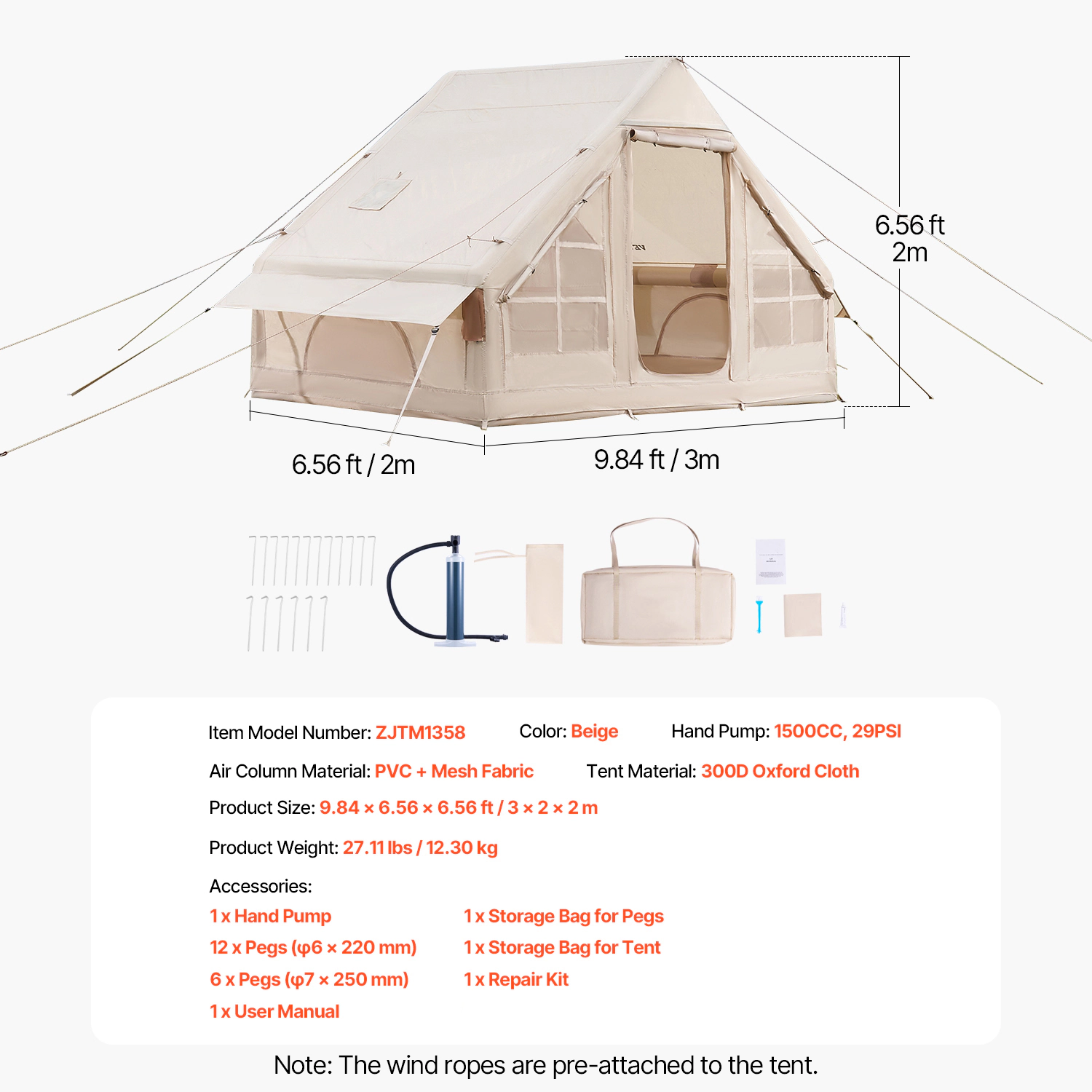 HONGGE Inflatable Tents for Camping Easy Setup Blow up Tent with Hand Pump 300D Oxford 4 Season Glamping Tent with