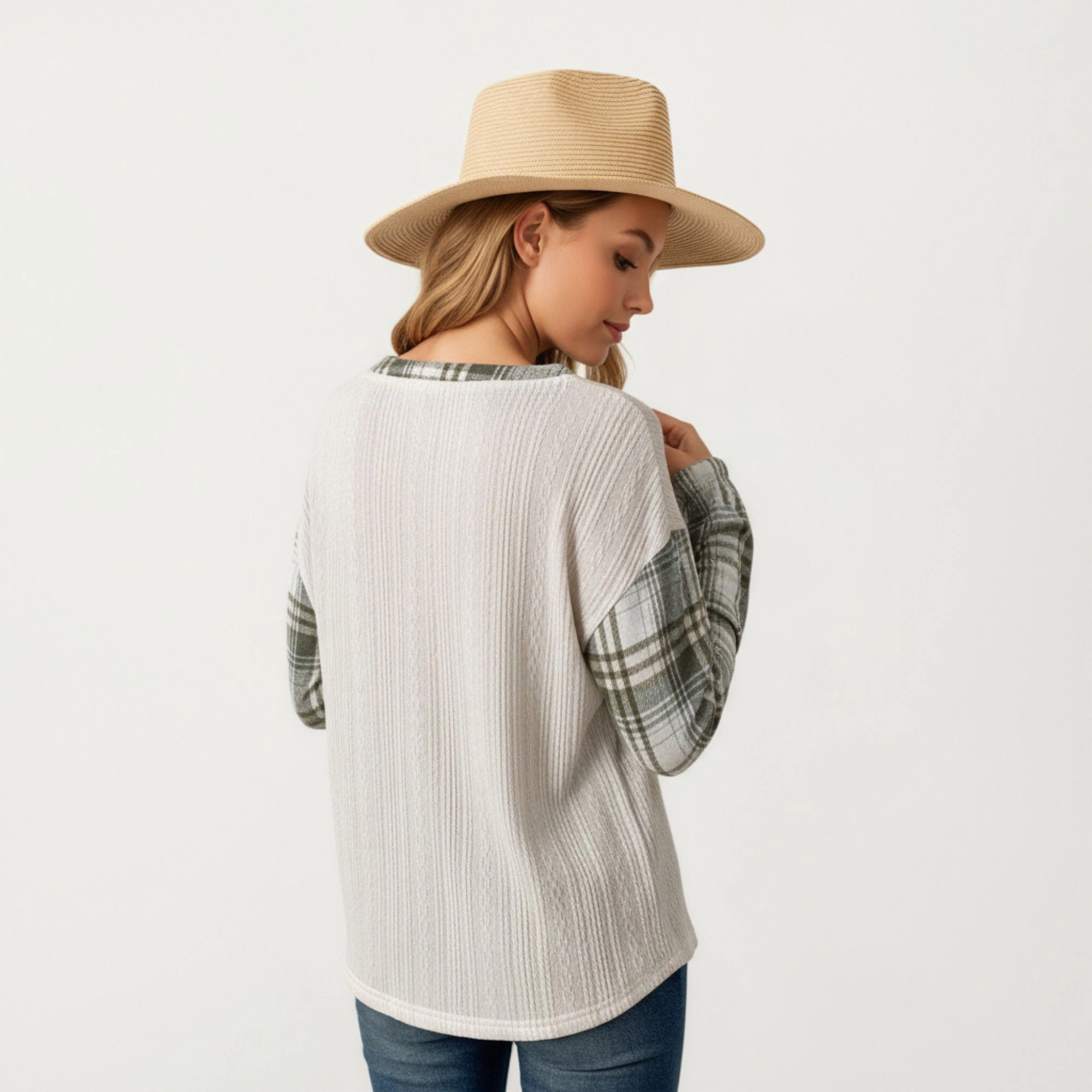 Anna-Kaci Women's Plaid Long Sleeve Henley Top with Textured Knit Front Button Detail