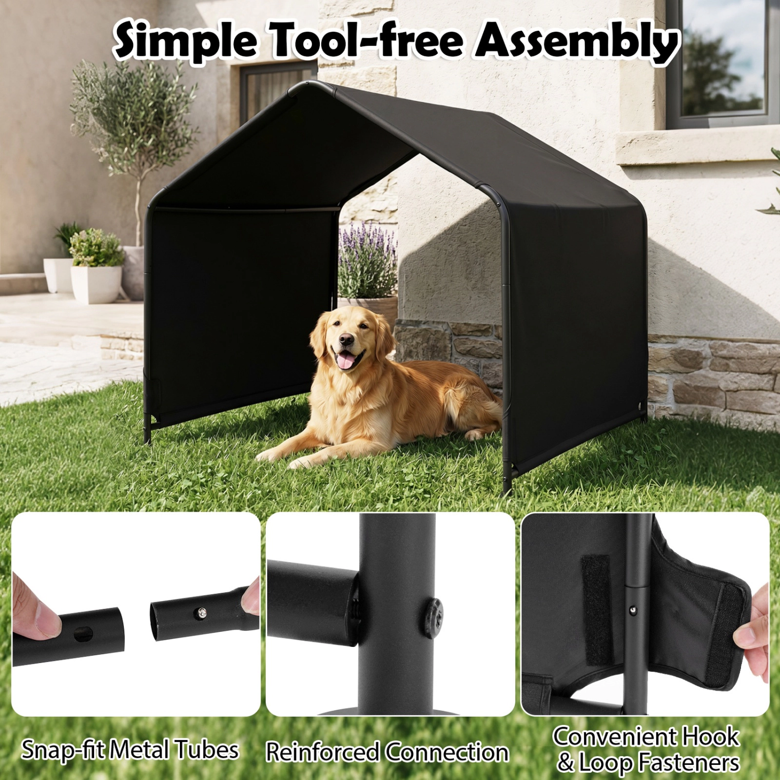 SUGIFT Outdoor Dog Shade Shelter Black with Waterproof Roof and Ground Stakes
