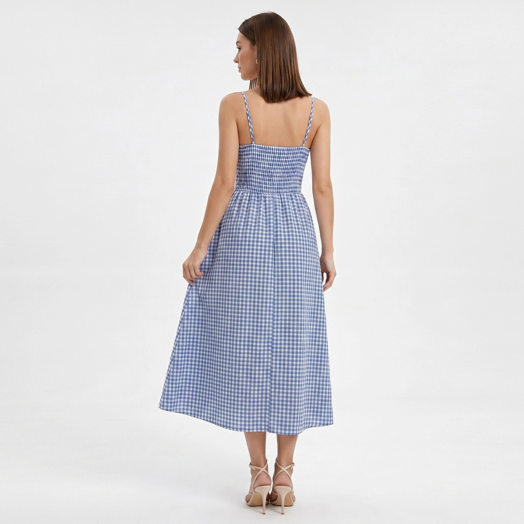 Anna-Kaci Women's Gingham Twist Front Bodice Spaghetti Straps Midi Dress