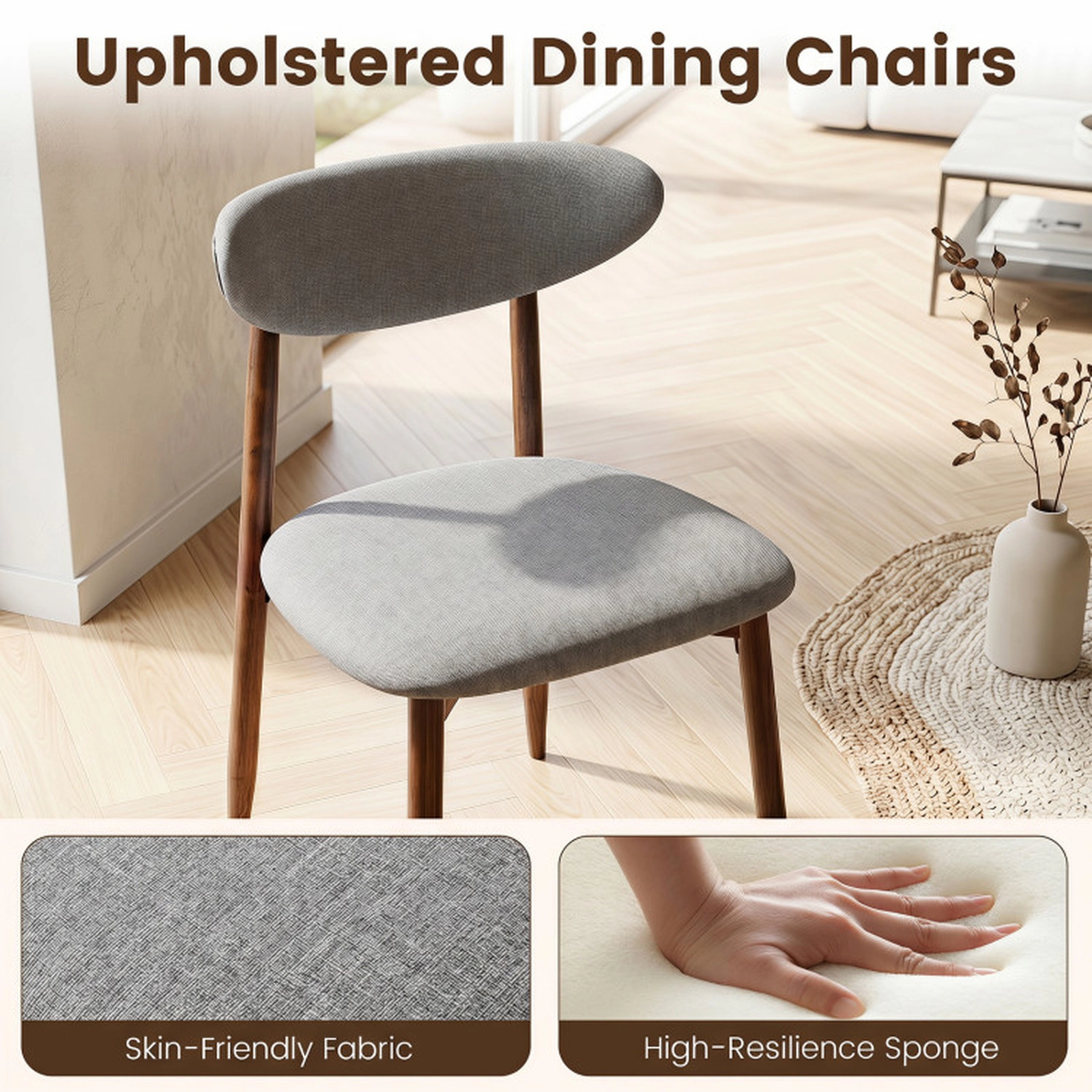SUGIFT Gray Fabric Upholstered Curved Backs and Wood Legs Set of 4 Dining Chairs