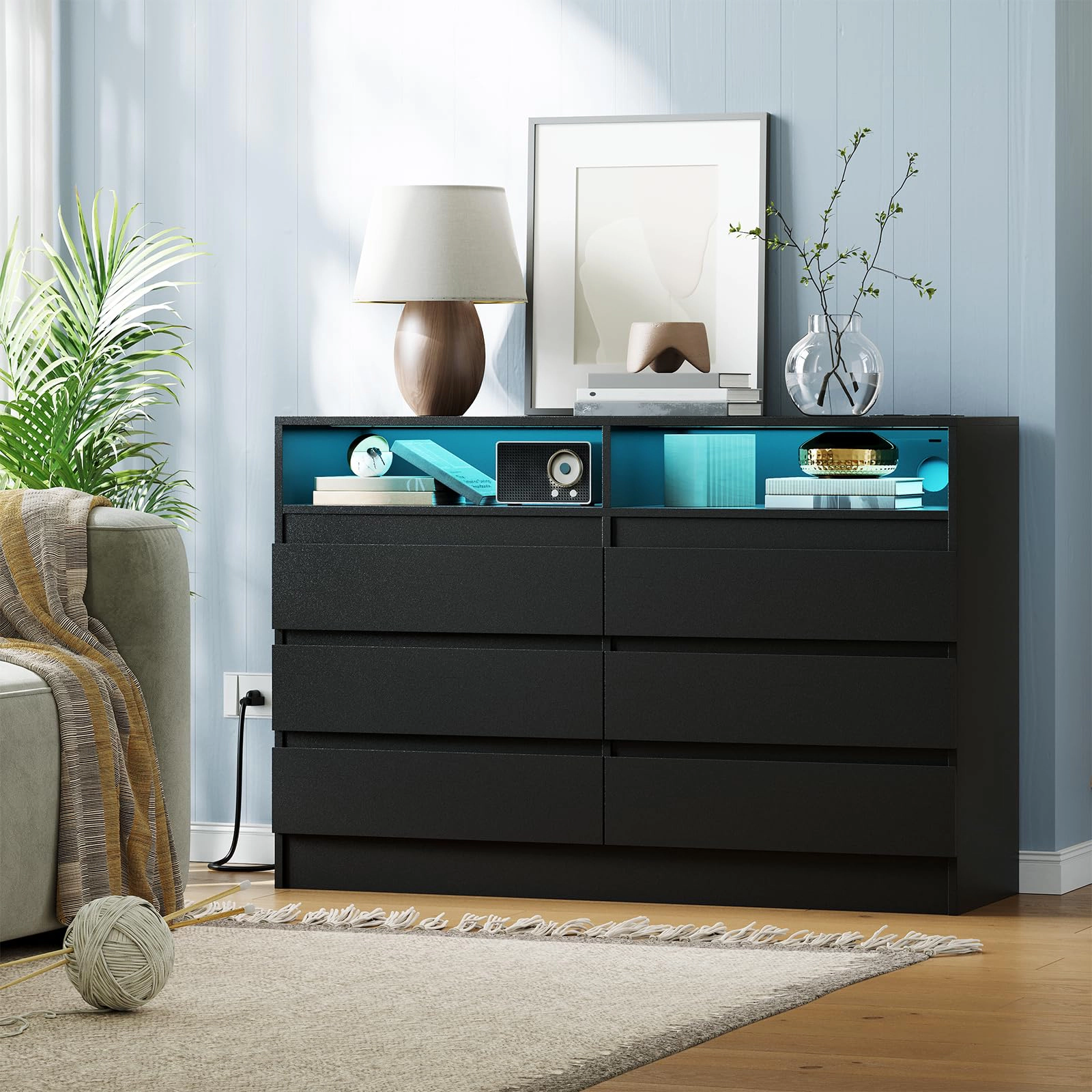 6 Drawer Dresser with Charging Station & LED Lights, Modern Chest Power Outlets for Bedroom